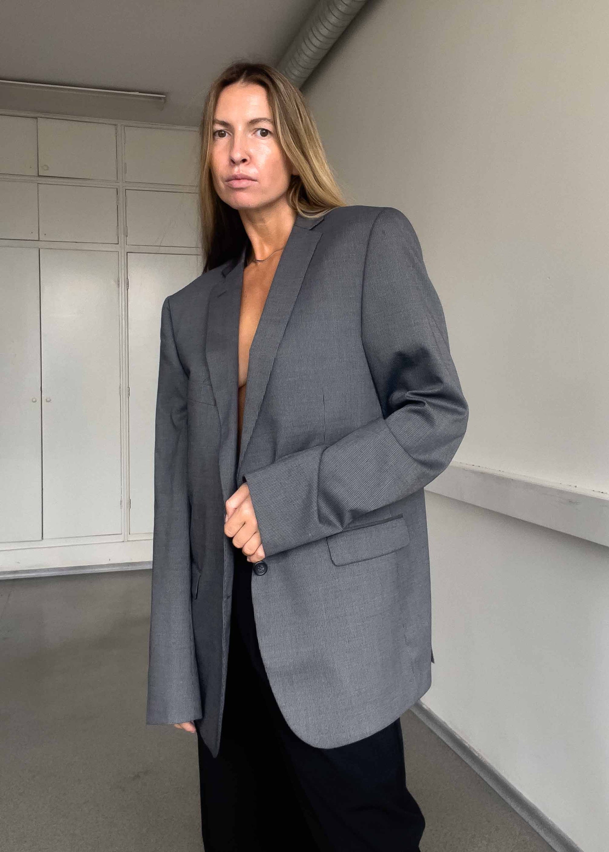 Vintage Grey Stripy Oversized Blazer
