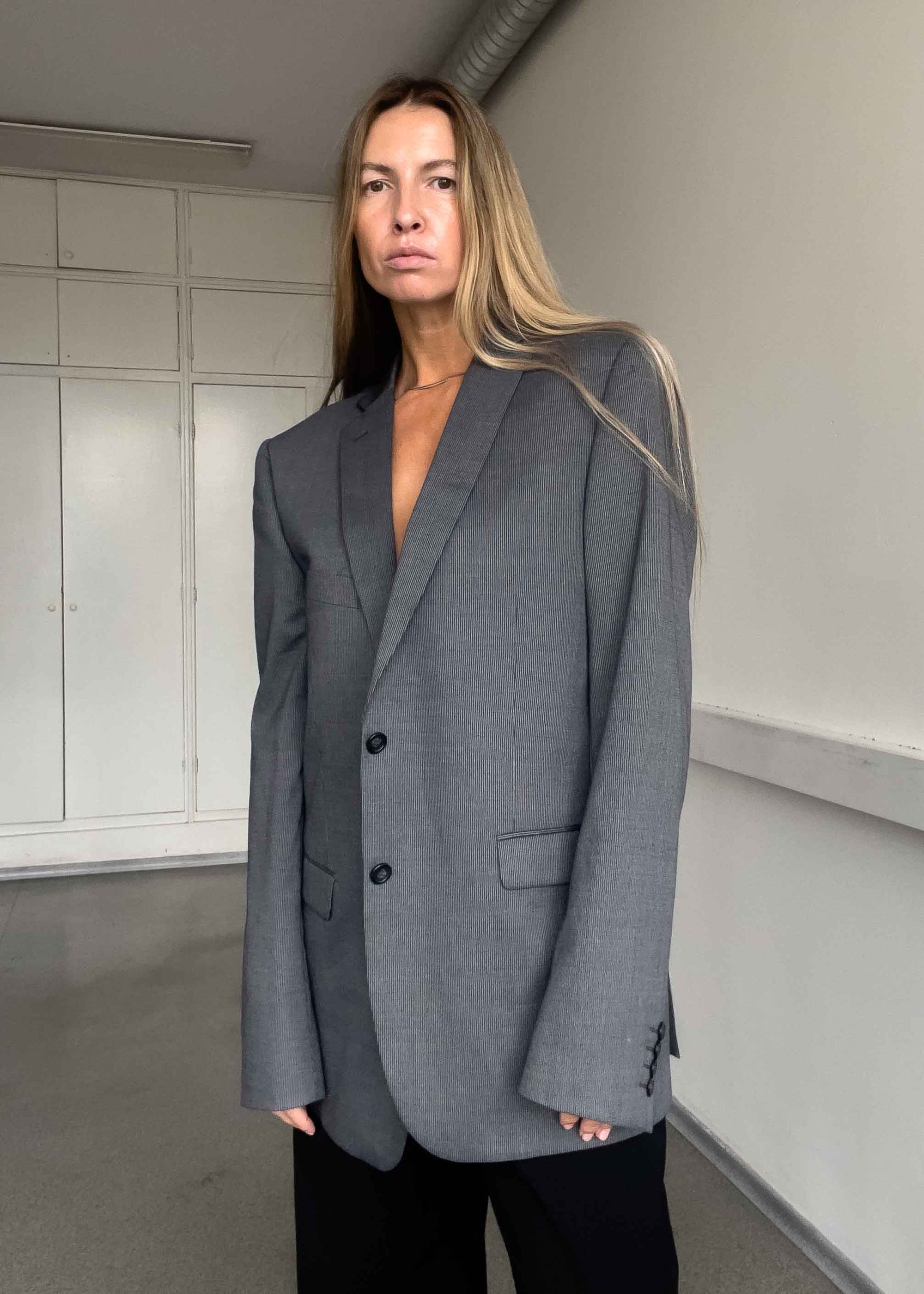 Vintage Grey Stripy Oversized Blazer