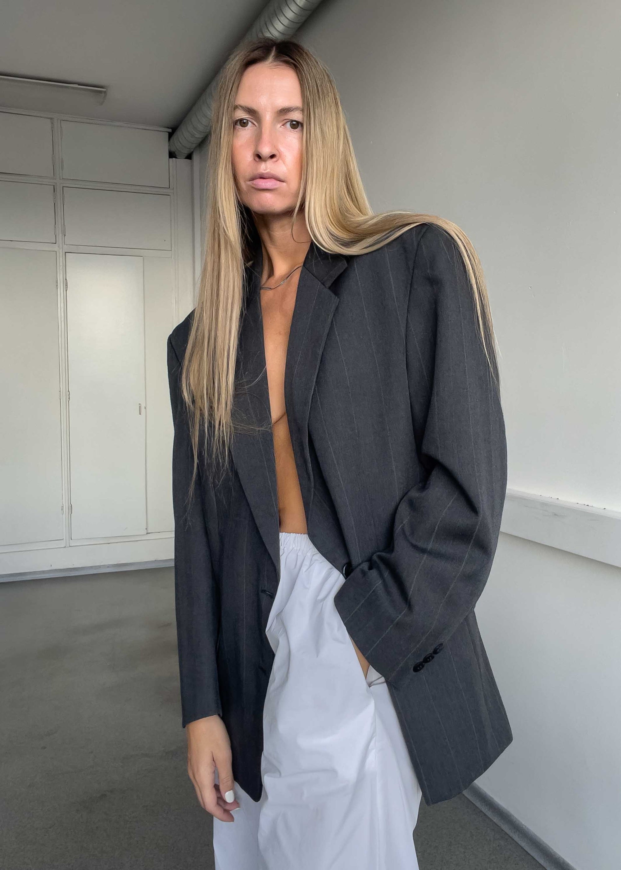 Vintage Grey  Stripy Oversized Blazer