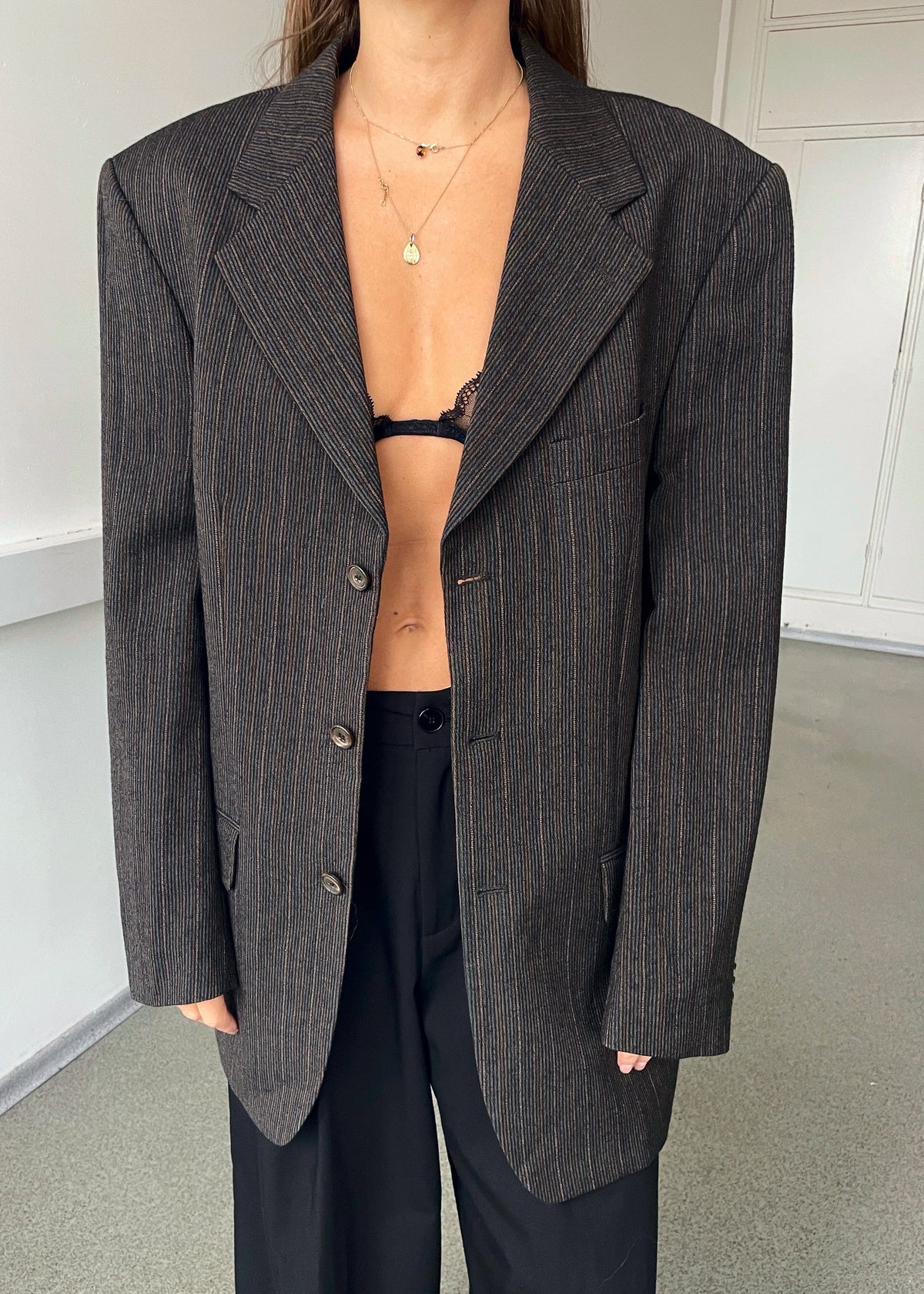 Vintage Brown and Grey Striped Wool Blazer — view 1 of 5