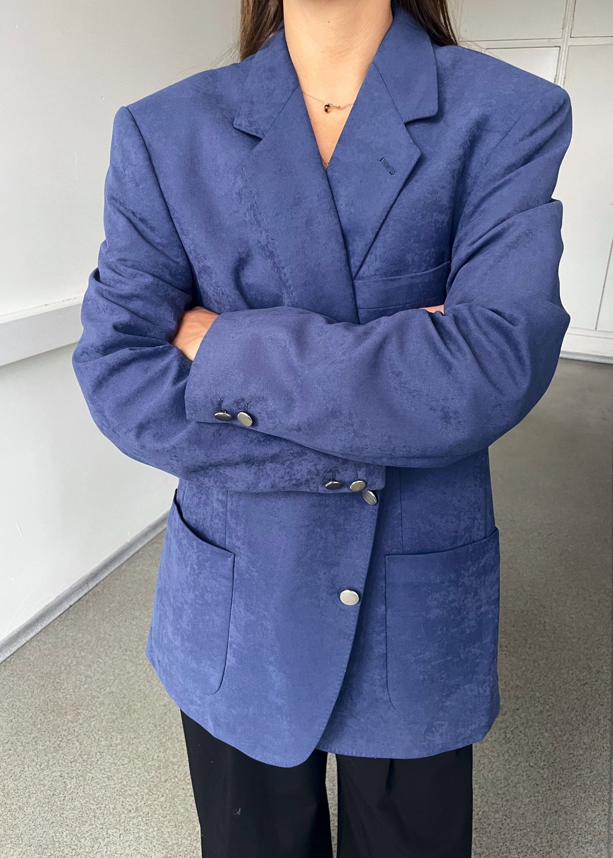 Vintage Blue Velvet Blazer with Metallic Buttons — view 4 of 6