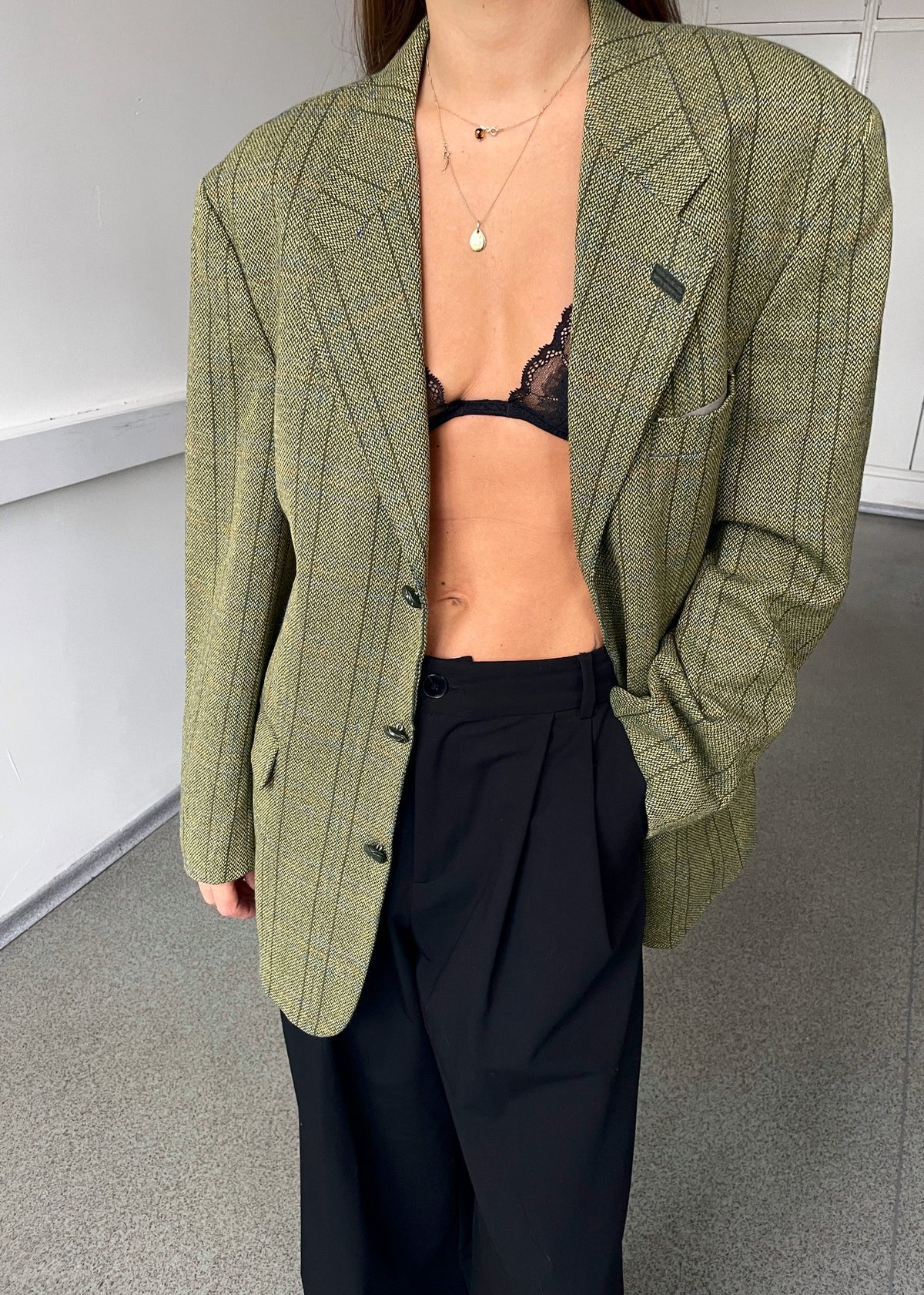 Vintage Green Checked Pure Wool Blazer — view 3 of 5