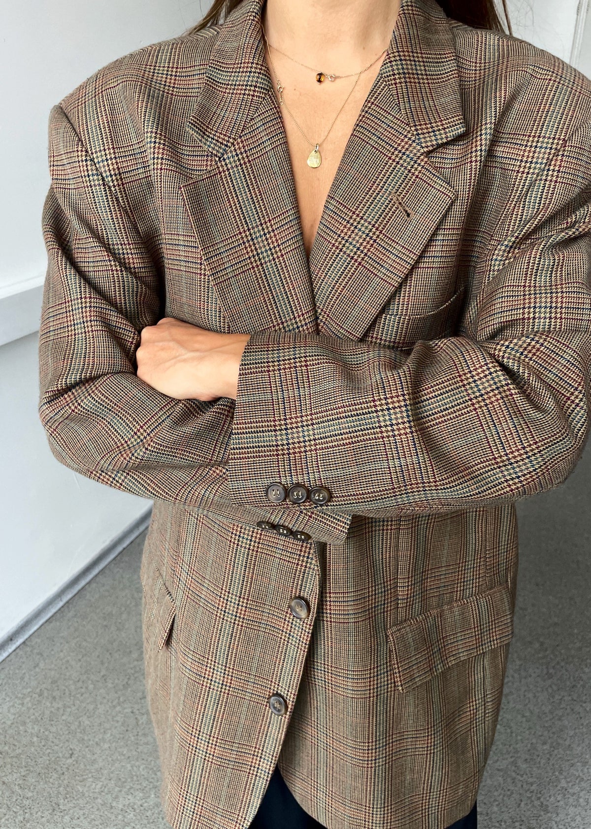 Vintage Burgundy Multicoloured Checked Wool-Blend Blazer — view 4 of 5