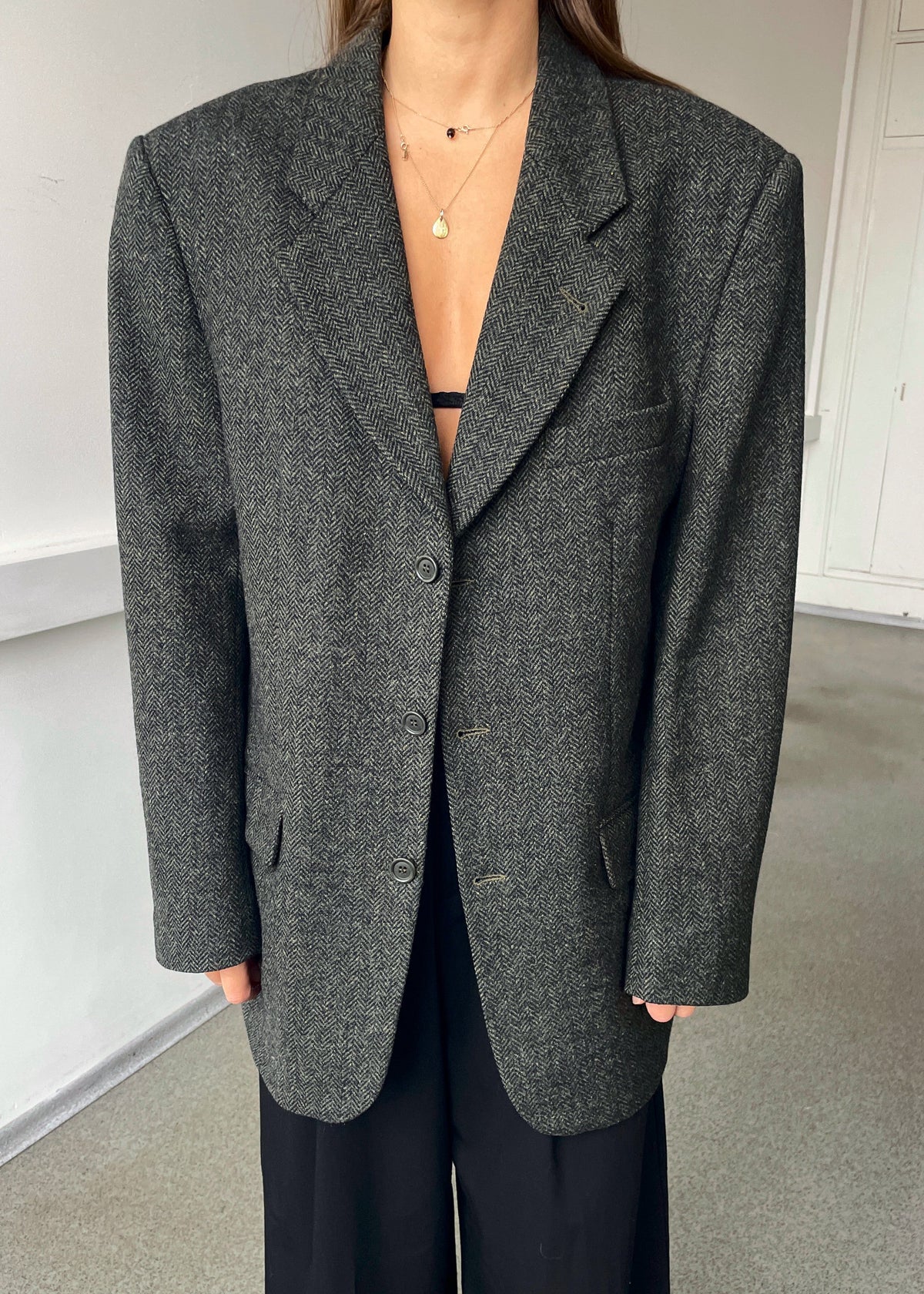 Vintage Dark Green Herringbone Pure Wool Blazer