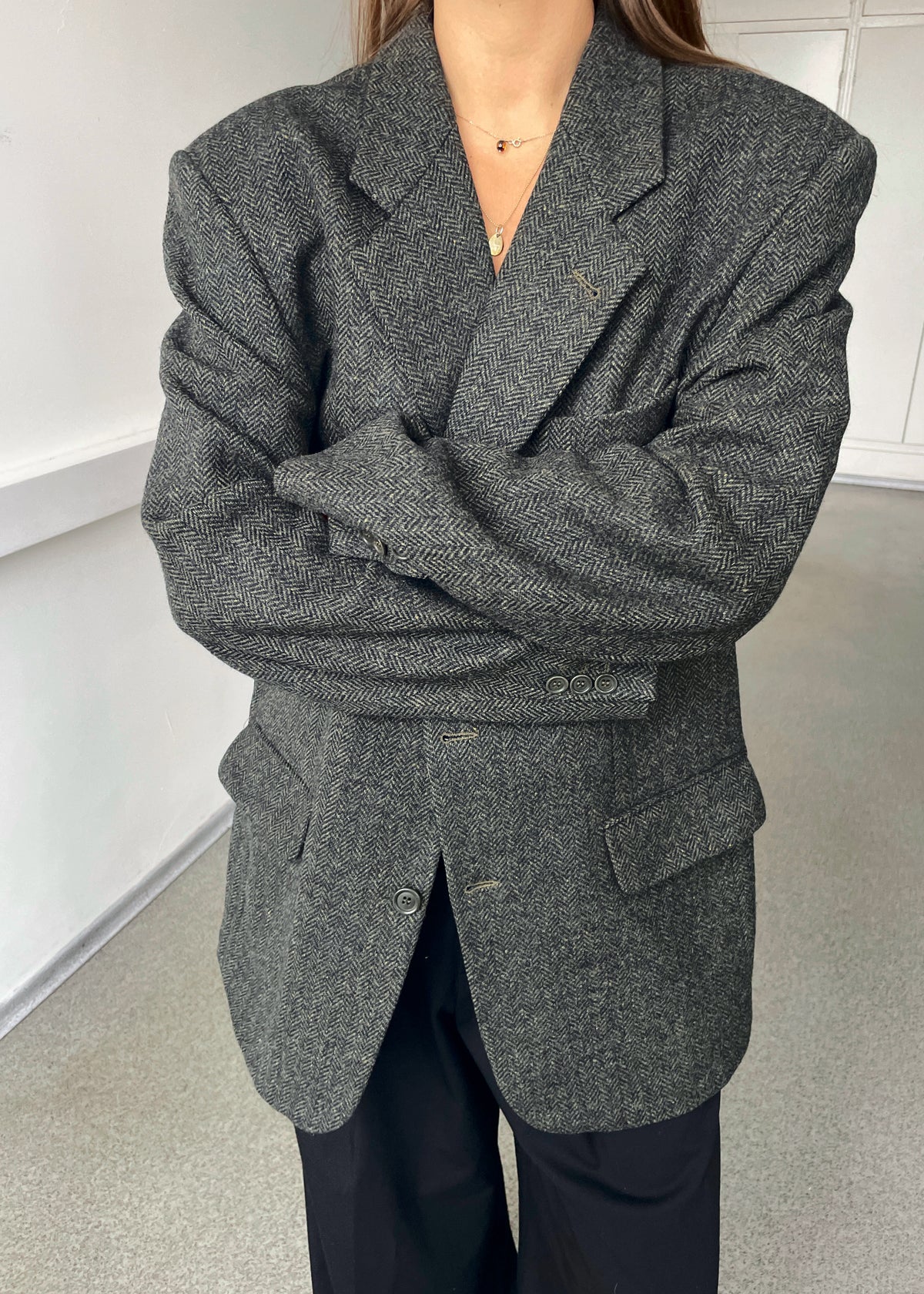 Vintage Dark Green Herringbone Pure Wool Blazer