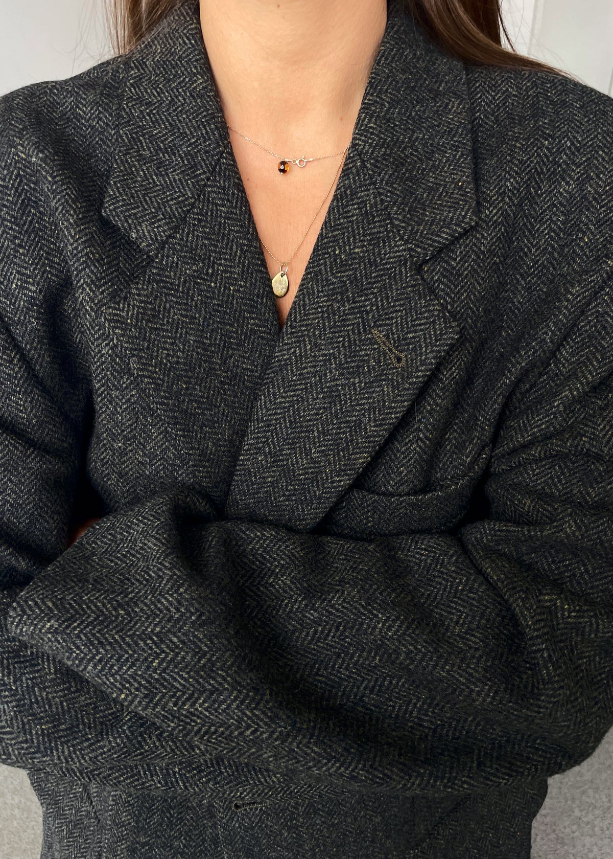 Vintage Dark Green Herringbone Pure Wool Blazer