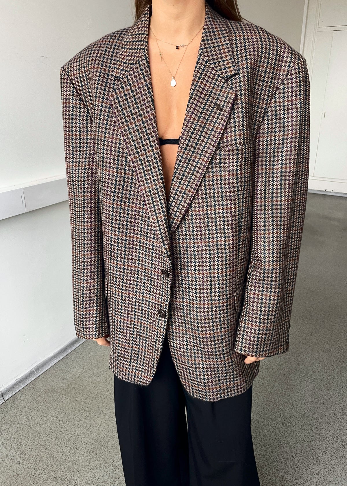 Vintage Multicoloured Houndstooth Pure Wool Blazer