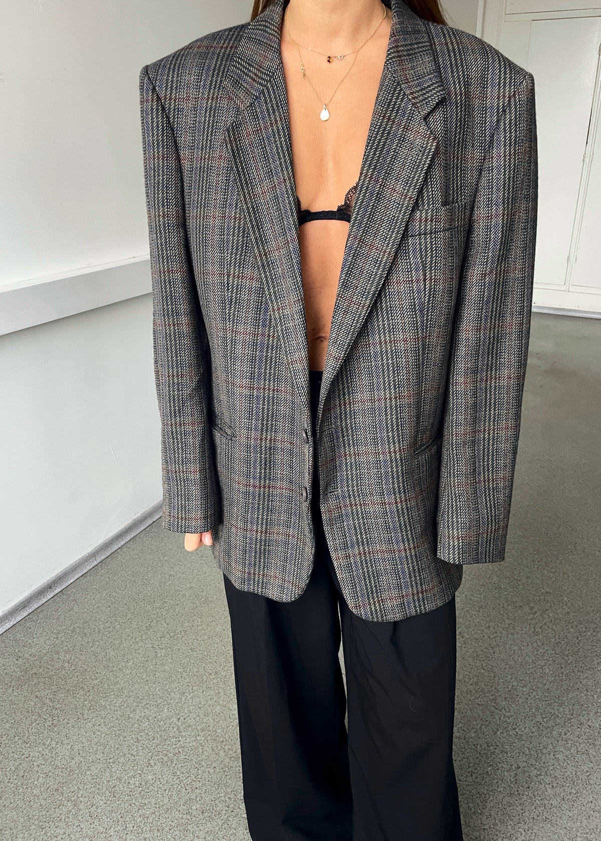 Vintage Multicoloured Checked Pure Wool Blazer with Removable Elbow Patches