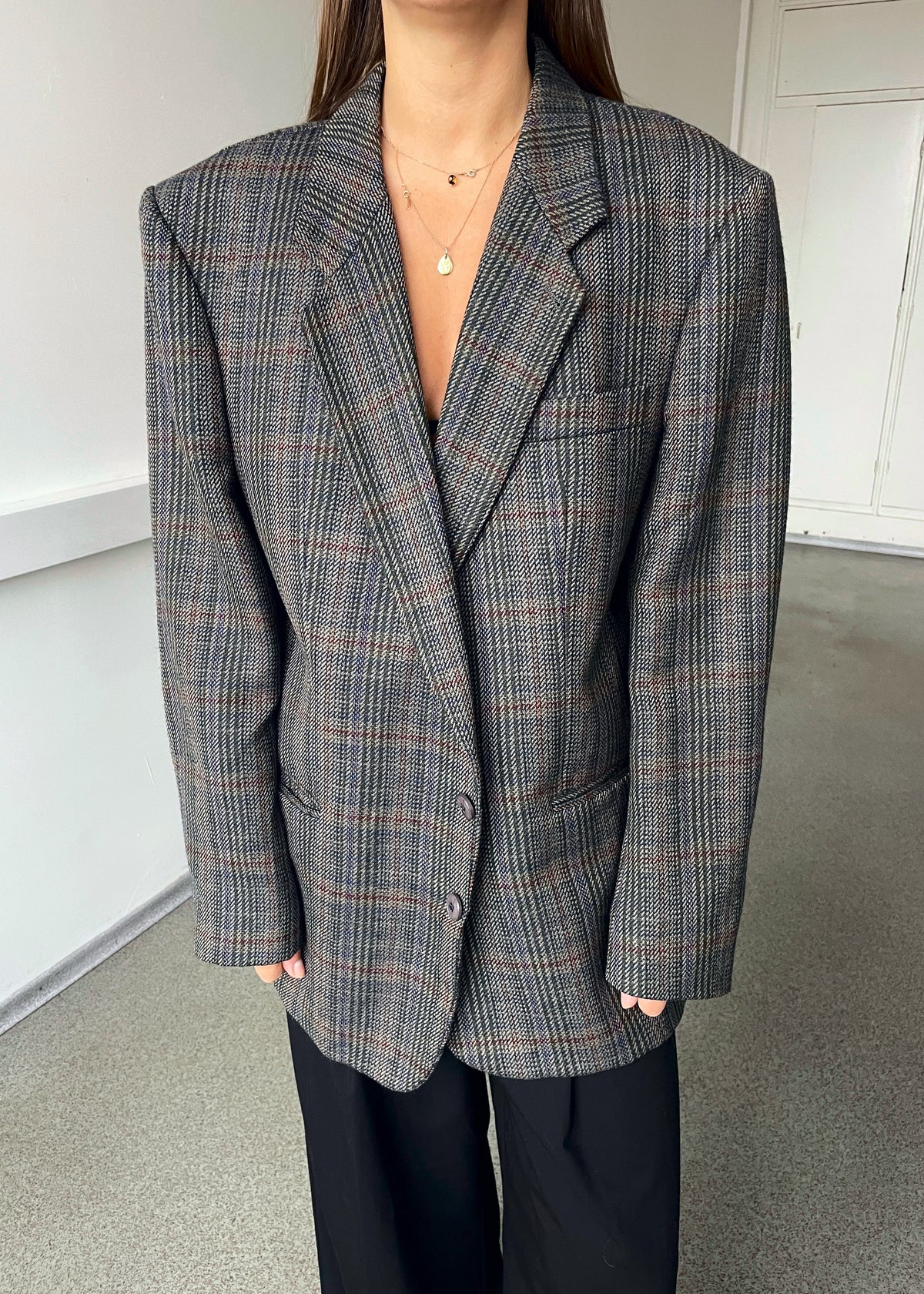 Vintage Multicoloured Checked Pure Wool Blazer with Removable Elbow Patches