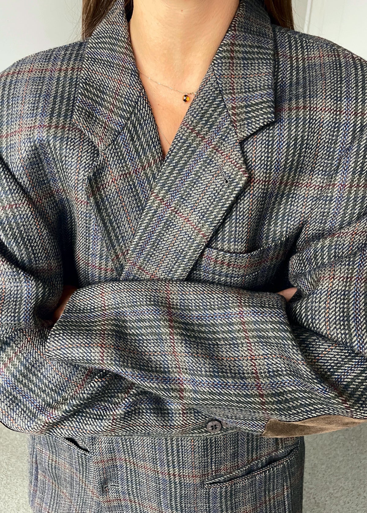 Vintage Multicoloured Checked Pure Wool Blazer with Removable Elbow Patches