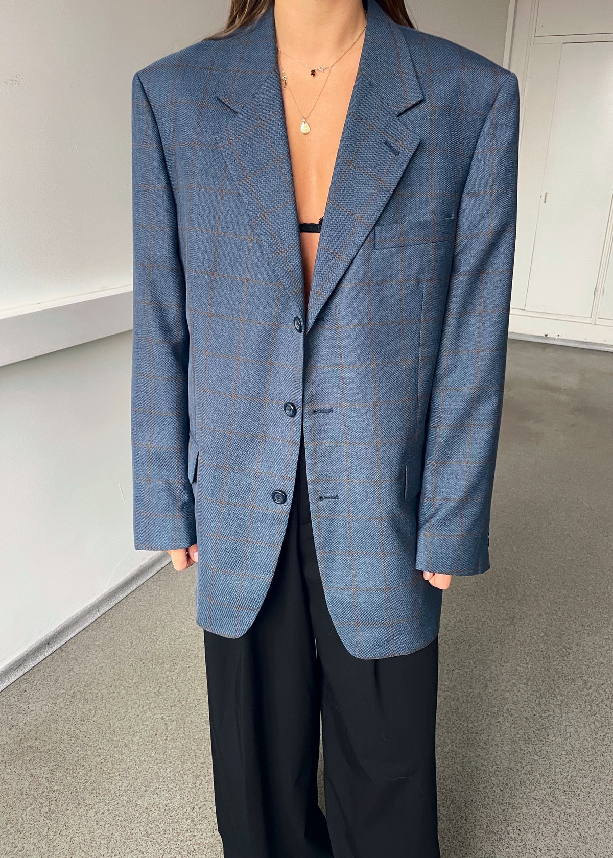 Vintage Blue and Brown Checked Wool-Blend Blazer
