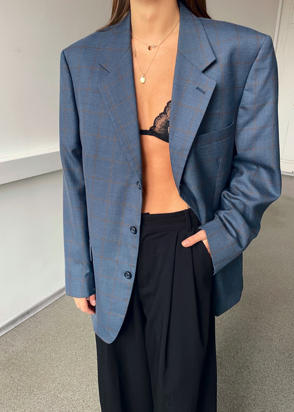 Vintage Blue and Brown Checked Wool-Blend Blazer
