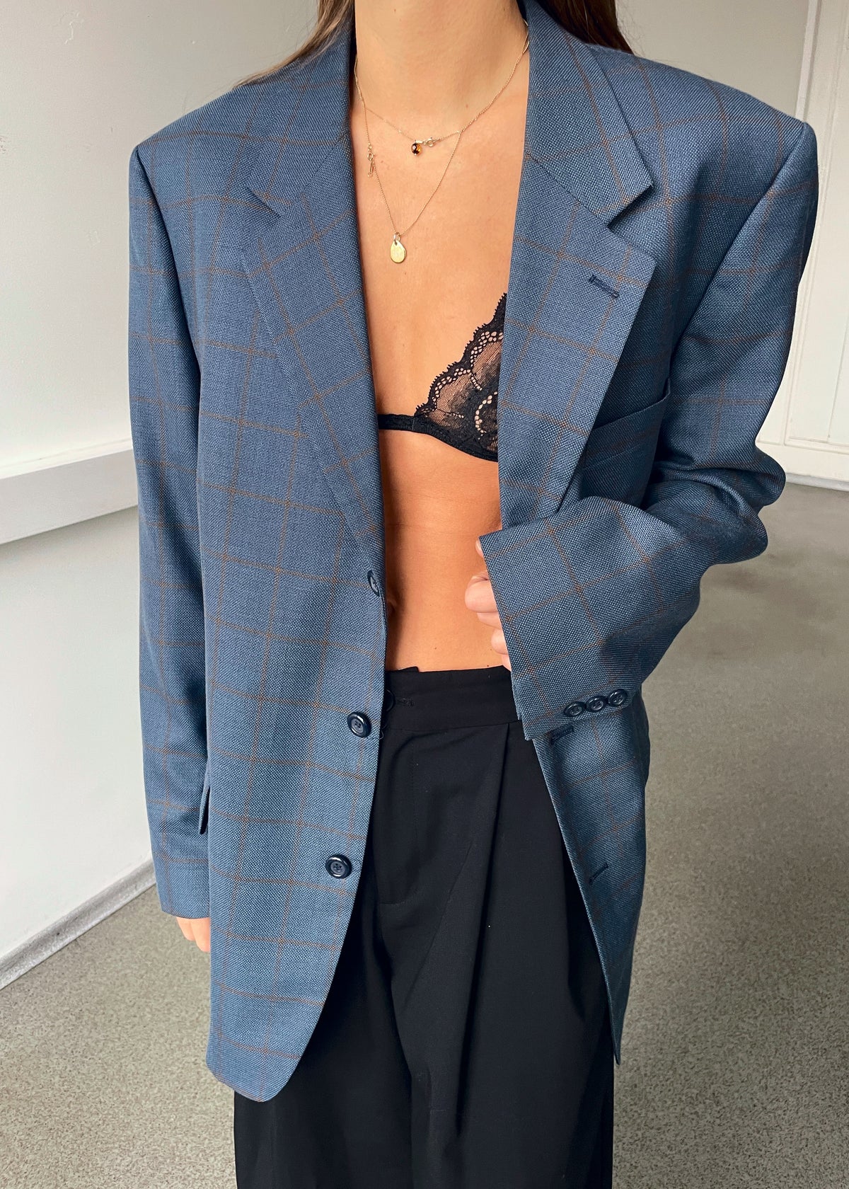 Vintage Blue and Brown Checked Wool-Blend Blazer