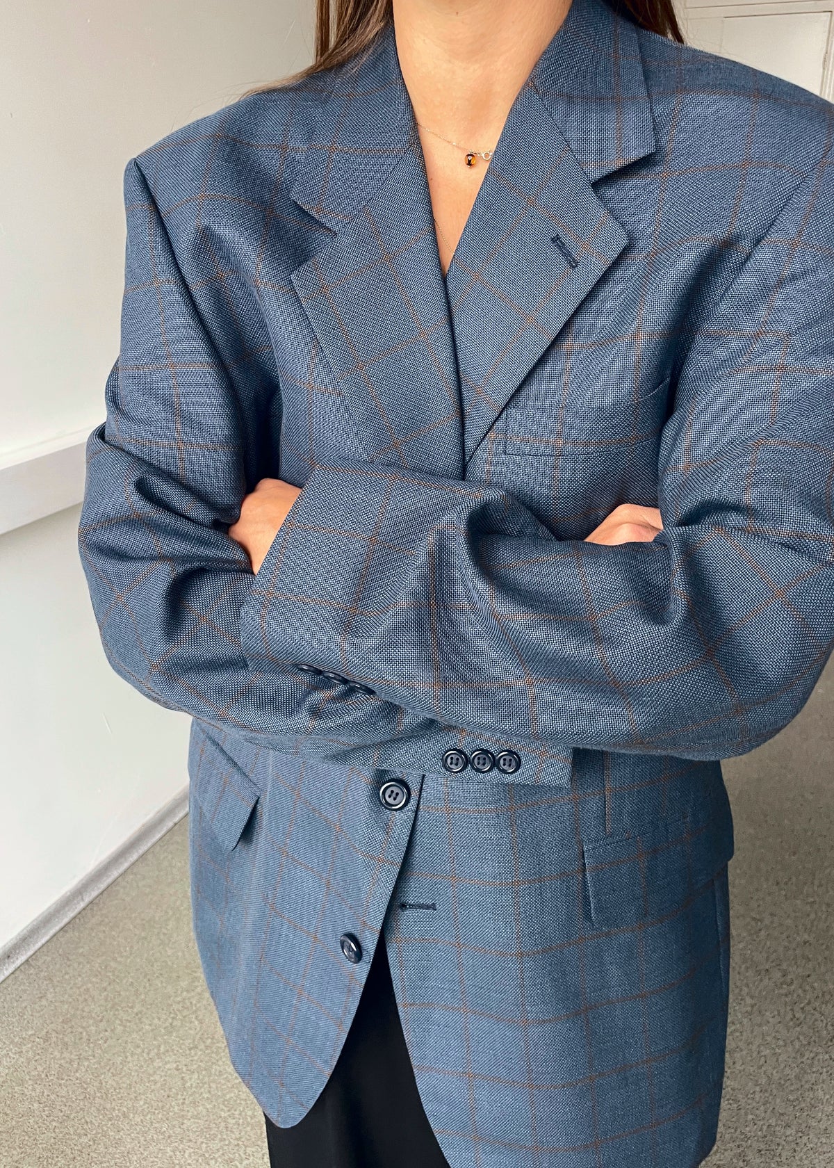 Vintage Blue and Brown Checked Wool-Blend Blazer