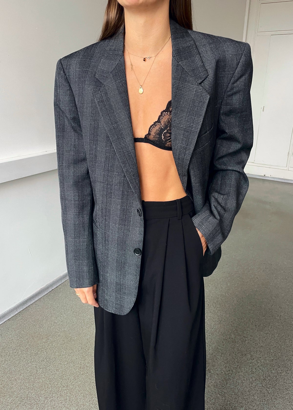 Vintage Grey Checked Wool-Blend Blazer