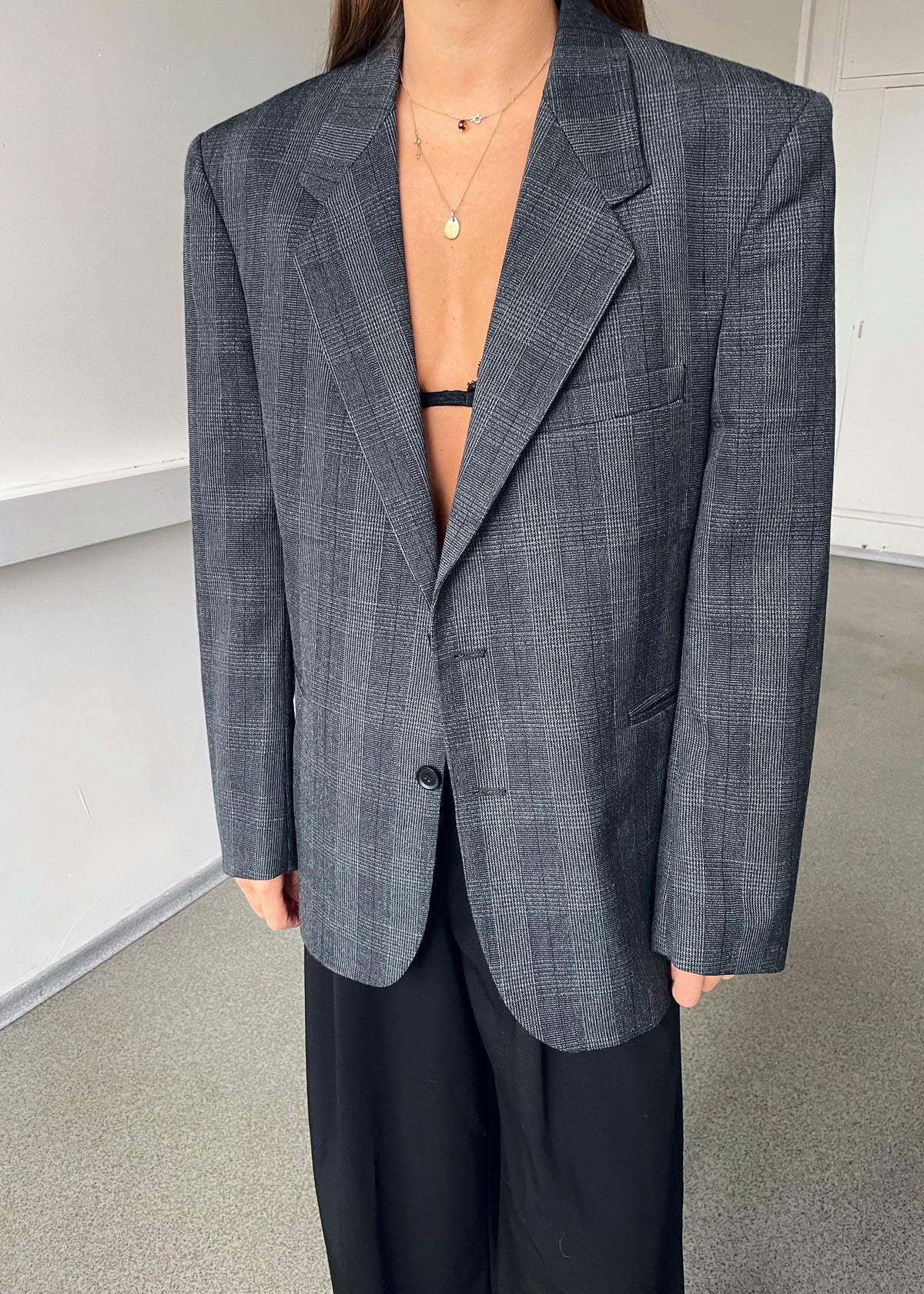 Vintage Grey Checked Wool-Blend Blazer