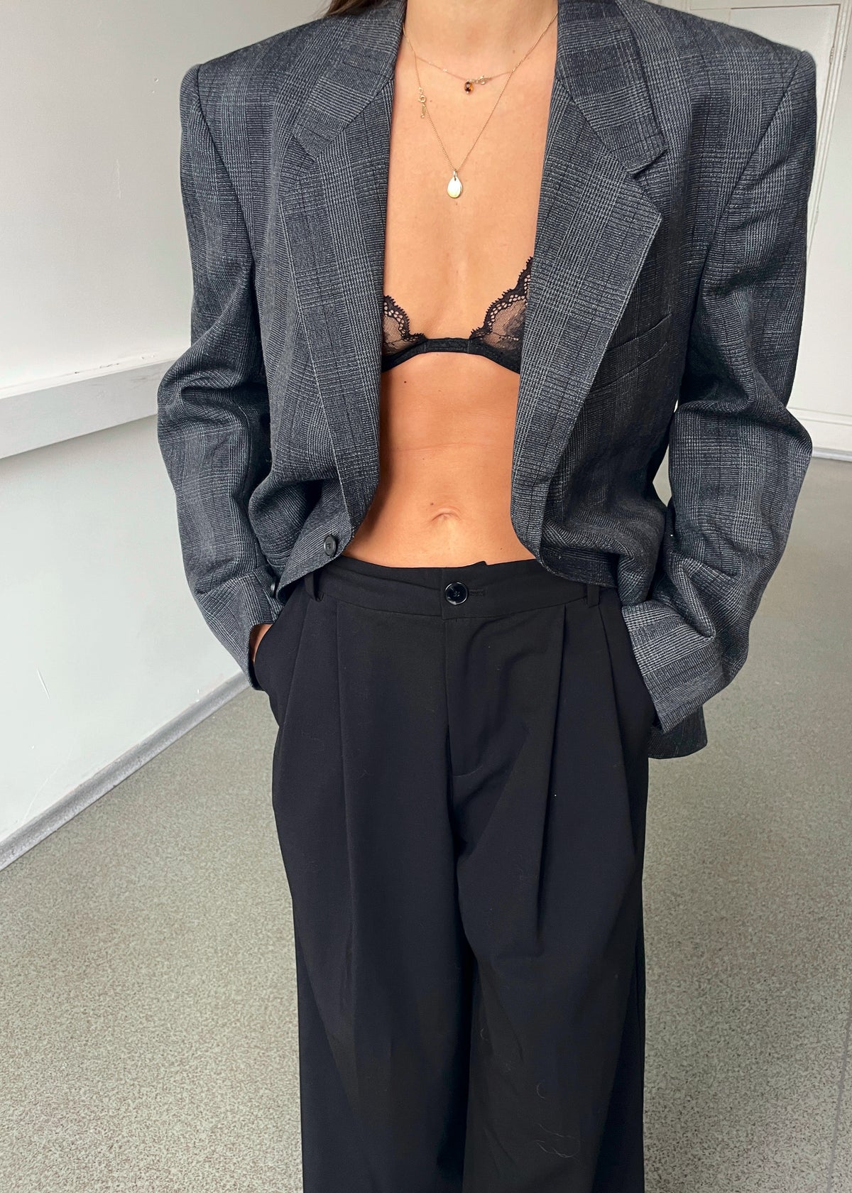 Vintage Grey Checked Wool-Blend Blazer