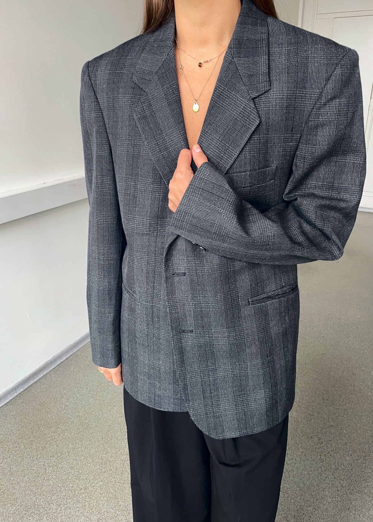 Vintage Grey Checked Wool-Blend Blazer