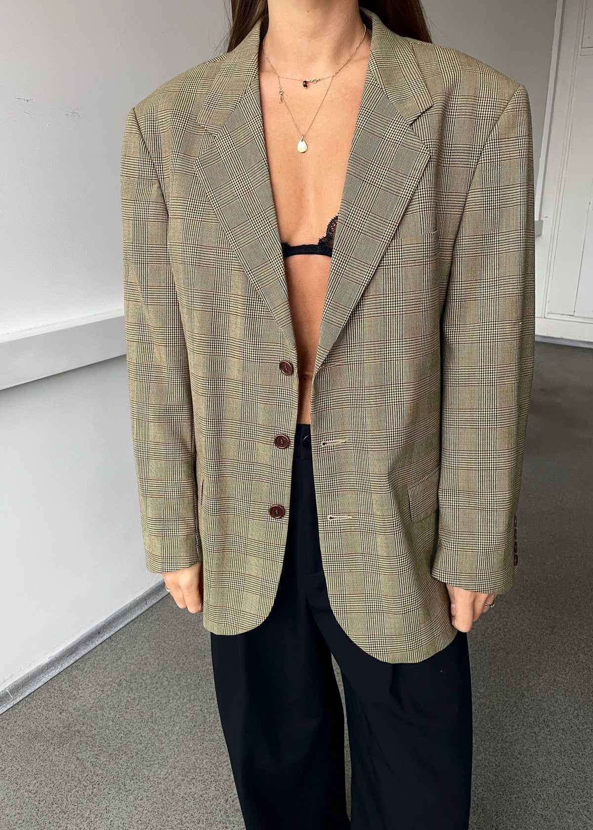 Vintage Mustard Brown Multicoloured Checked Wool-Blend Blazer