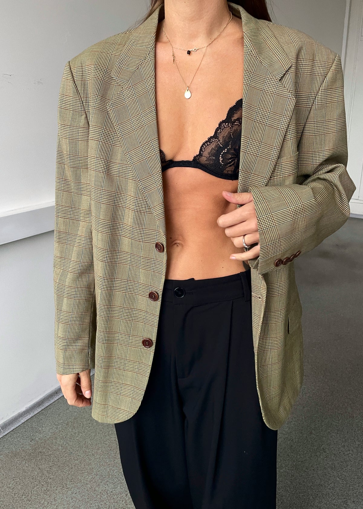 Vintage Mustard Brown Multicoloured Checked Wool-Blend Blazer