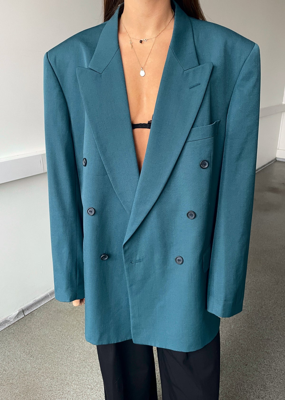 Vintage Carlo Manzoni Turquoise Double-Breasted Wool-Blend Blazer