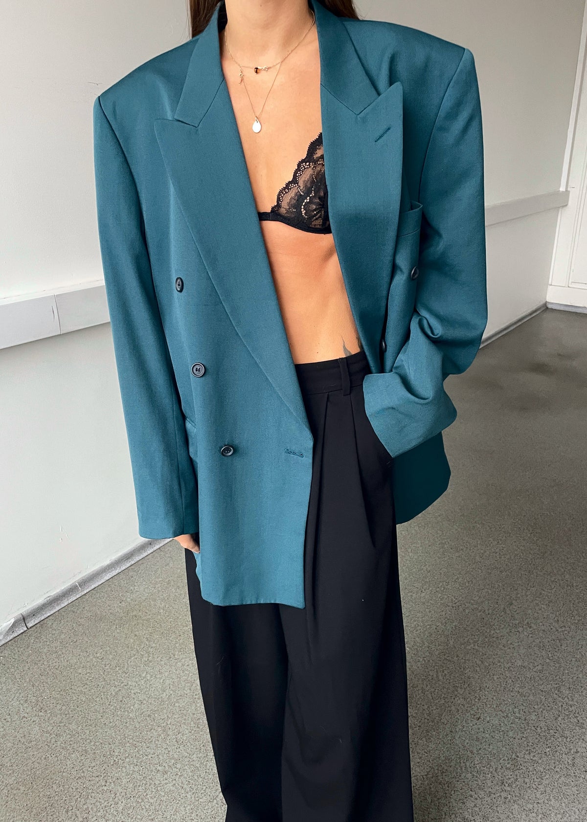 Vintage Carlo Manzoni Turquoise Double-Breasted Wool-Blend Blazer