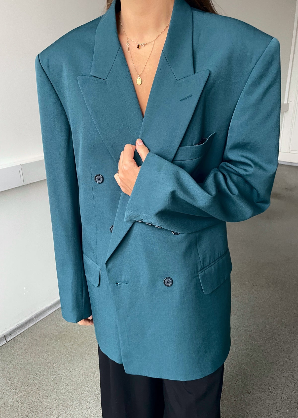 Vintage Carlo Manzoni Turquoise Double-Breasted Wool-Blend Blazer
