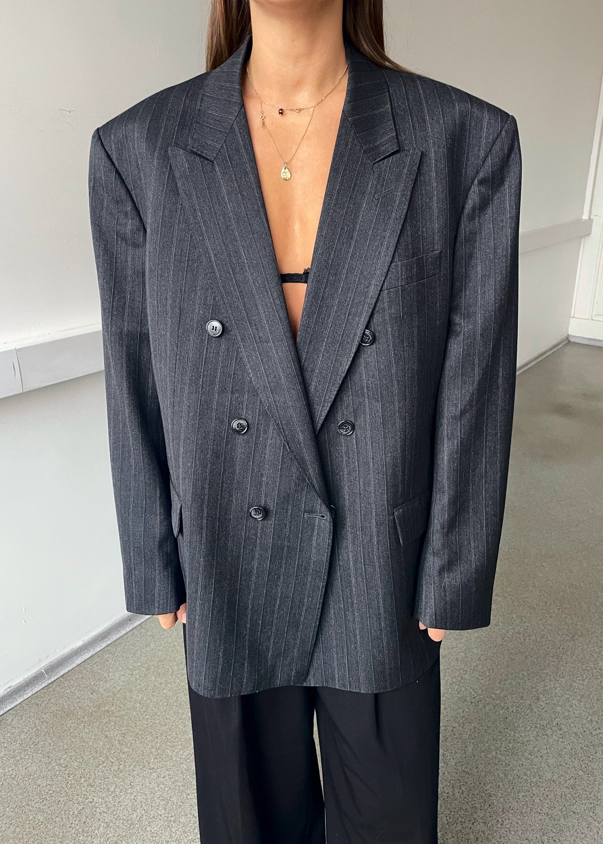 Vintage Bernard Select Grey Striped Double-Breasted Wool Blazer