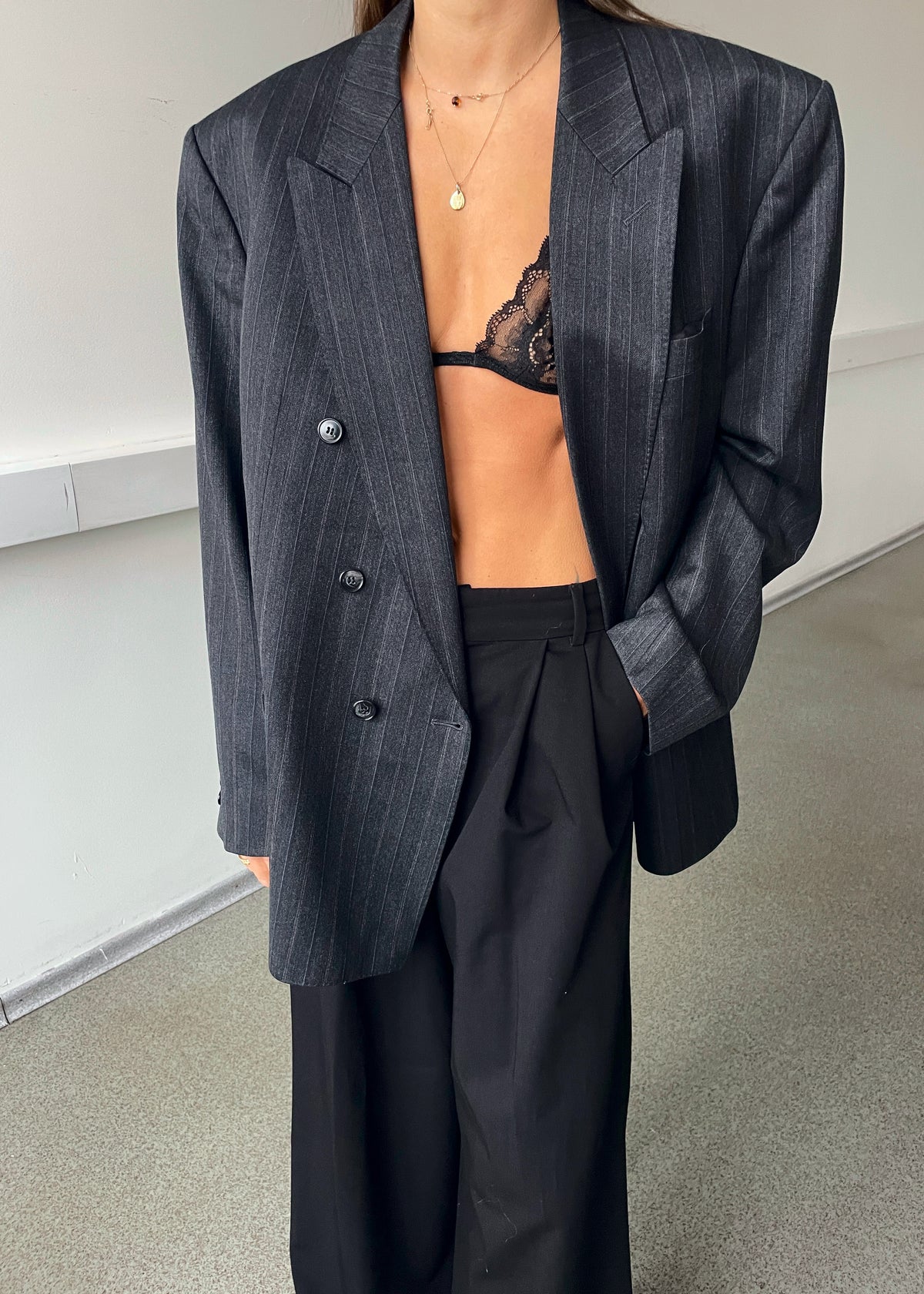 Vintage Bernard Select Grey Striped Double-Breasted Wool Blazer
