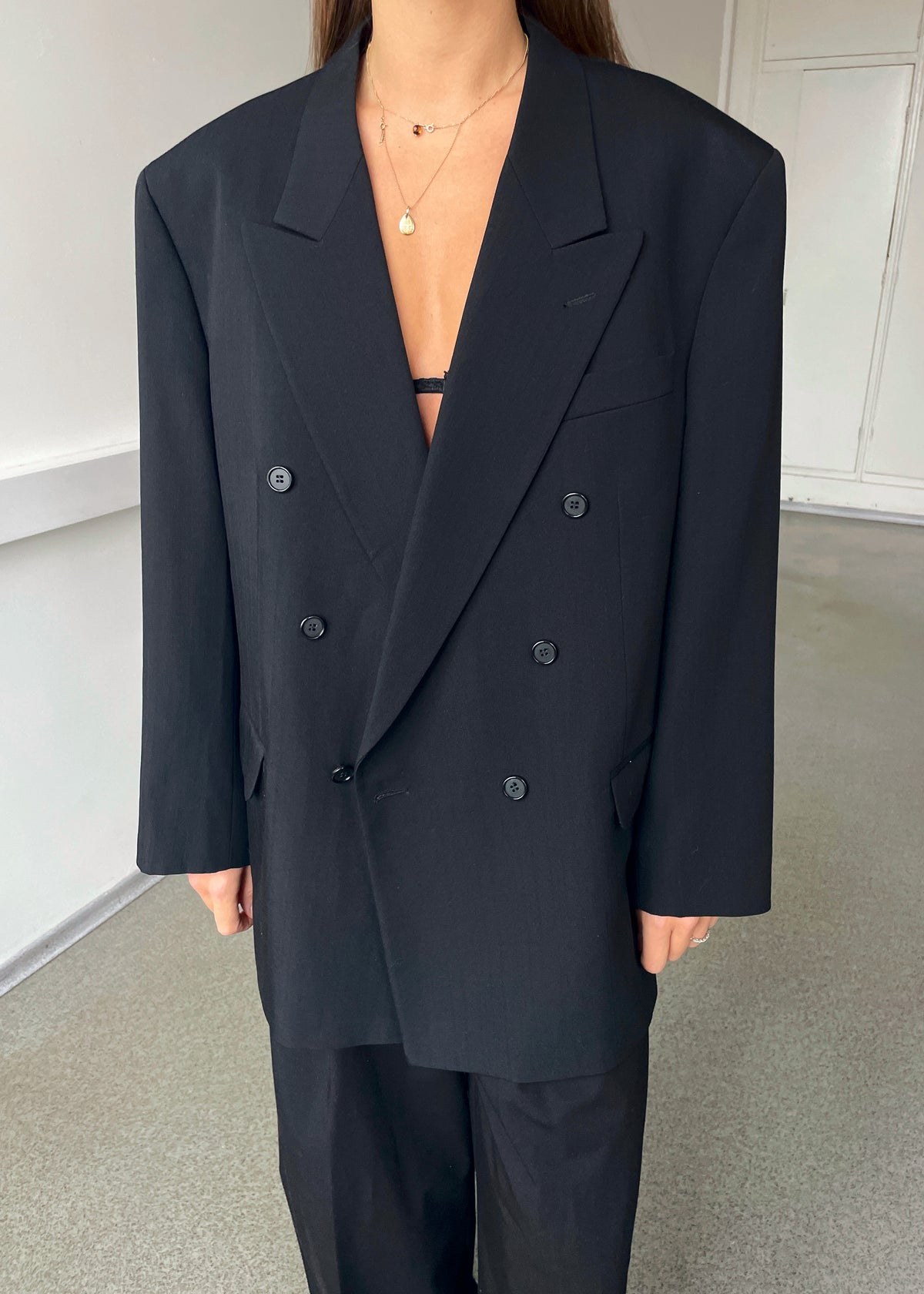 Vintage Black Subtle Pinstripe Double-Breasted Wool-Blend Blazer