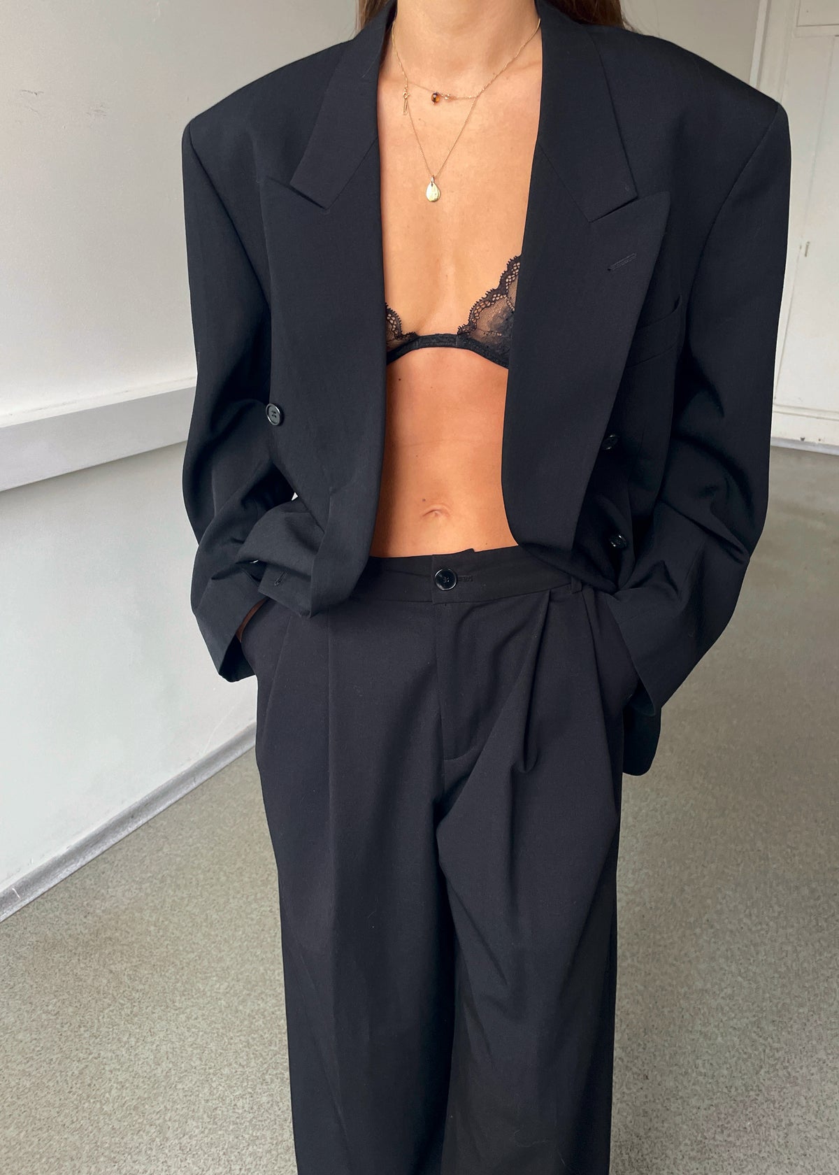 Vintage Black Subtle Pinstripe Double-Breasted Wool-Blend Blazer