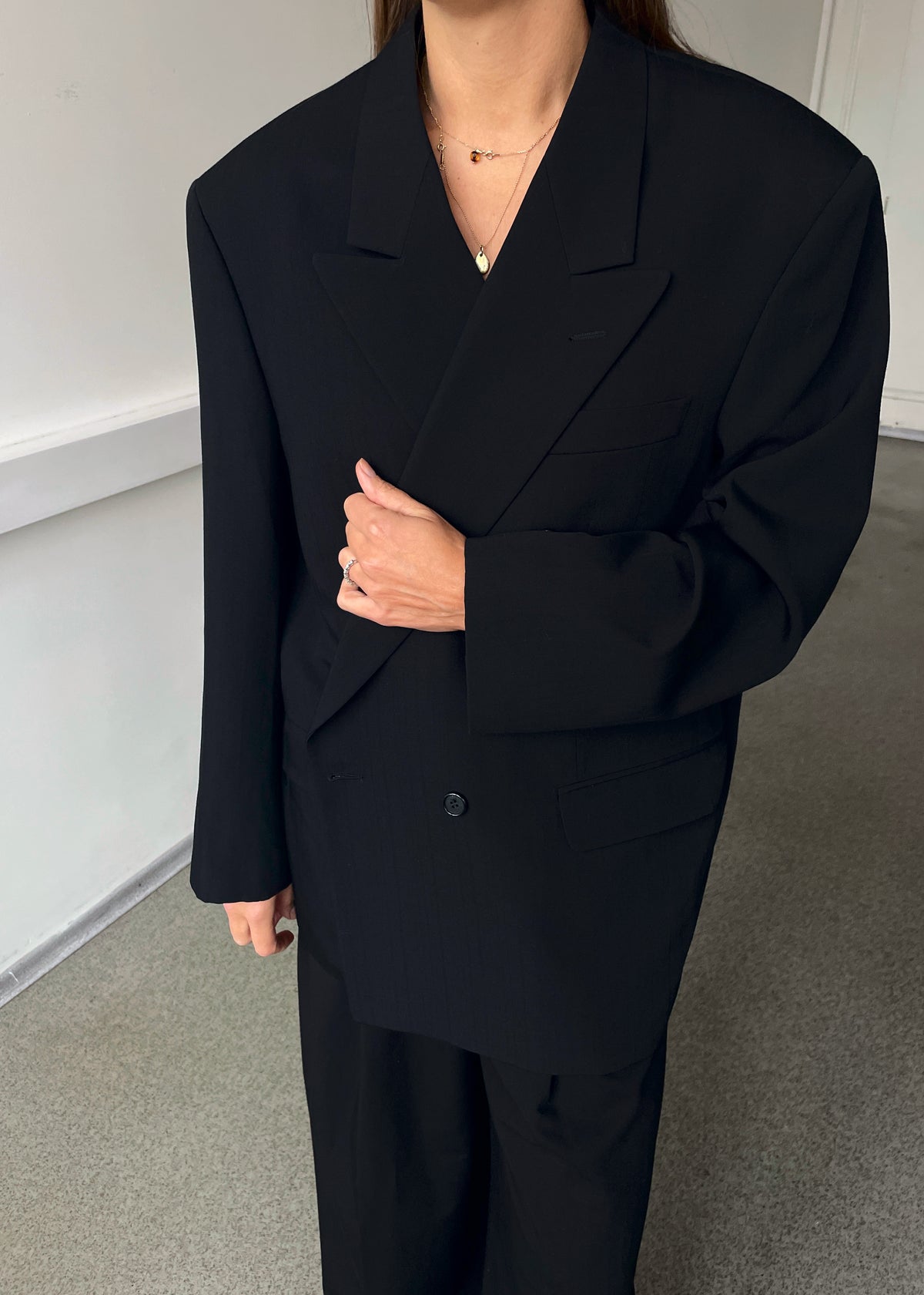 Vintage Black Subtle Pinstripe Double-Breasted Wool-Blend Blazer