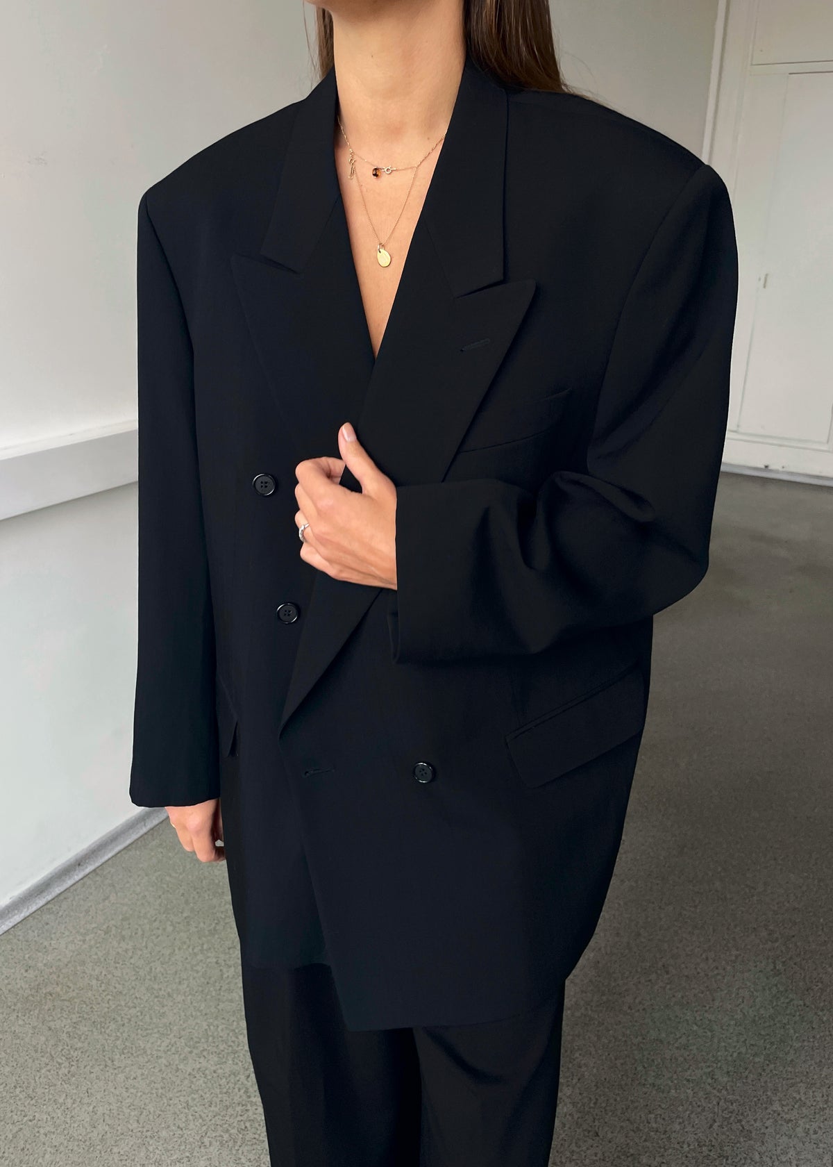 Vintage Black Subtle Pinstripe Double-Breasted Wool-Blend Blazer
