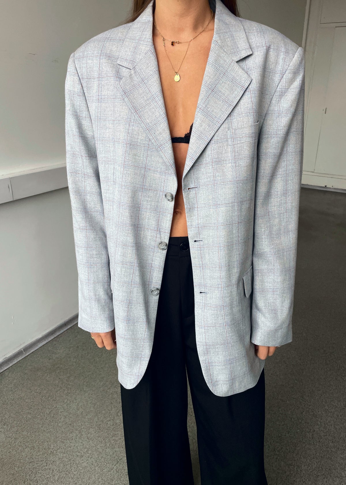 Vintage Light Grey Checked Soft Brushed Blazer