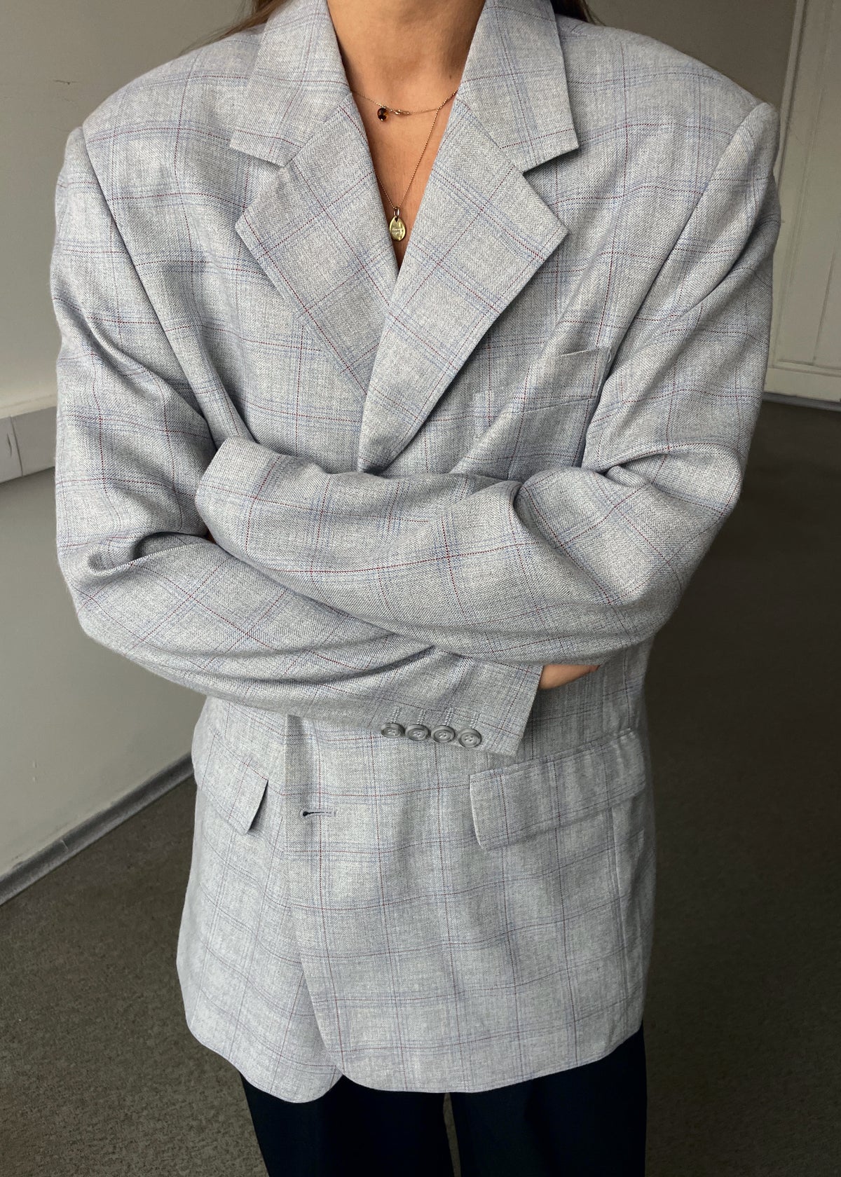 Vintage Light Grey Checked Soft Brushed Blazer