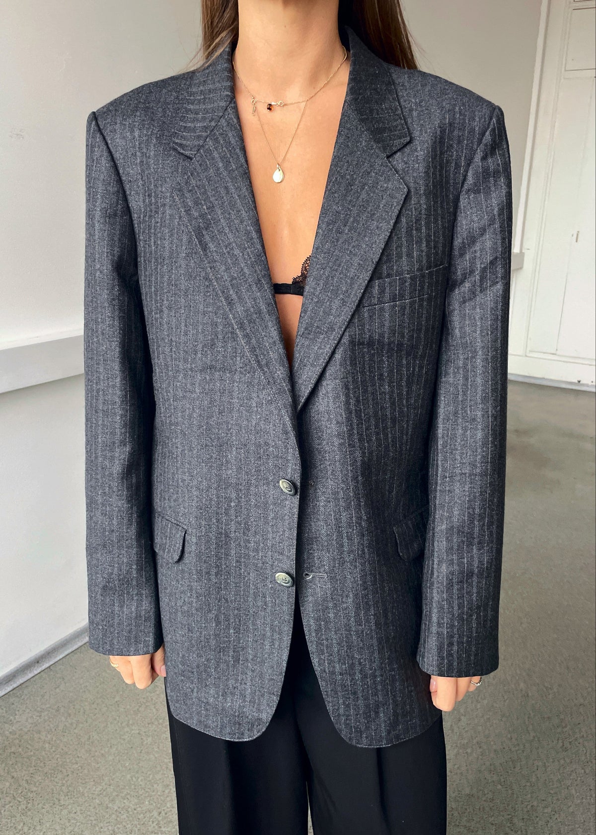 Vintage Made in France Grey and Red Striped Wool-Blend Blazer