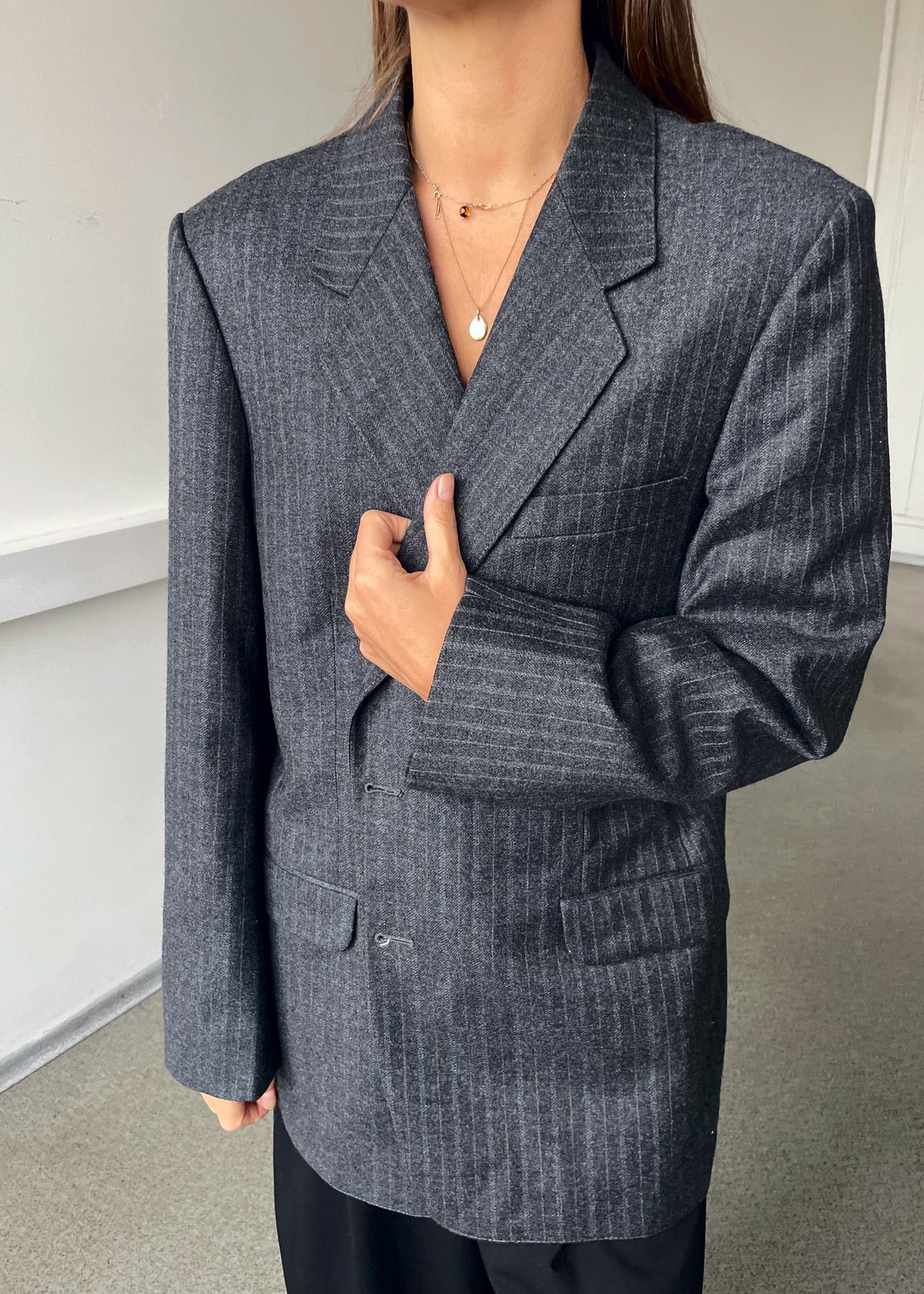 Vintage Made in France Grey and Red Striped Wool-Blend Blazer