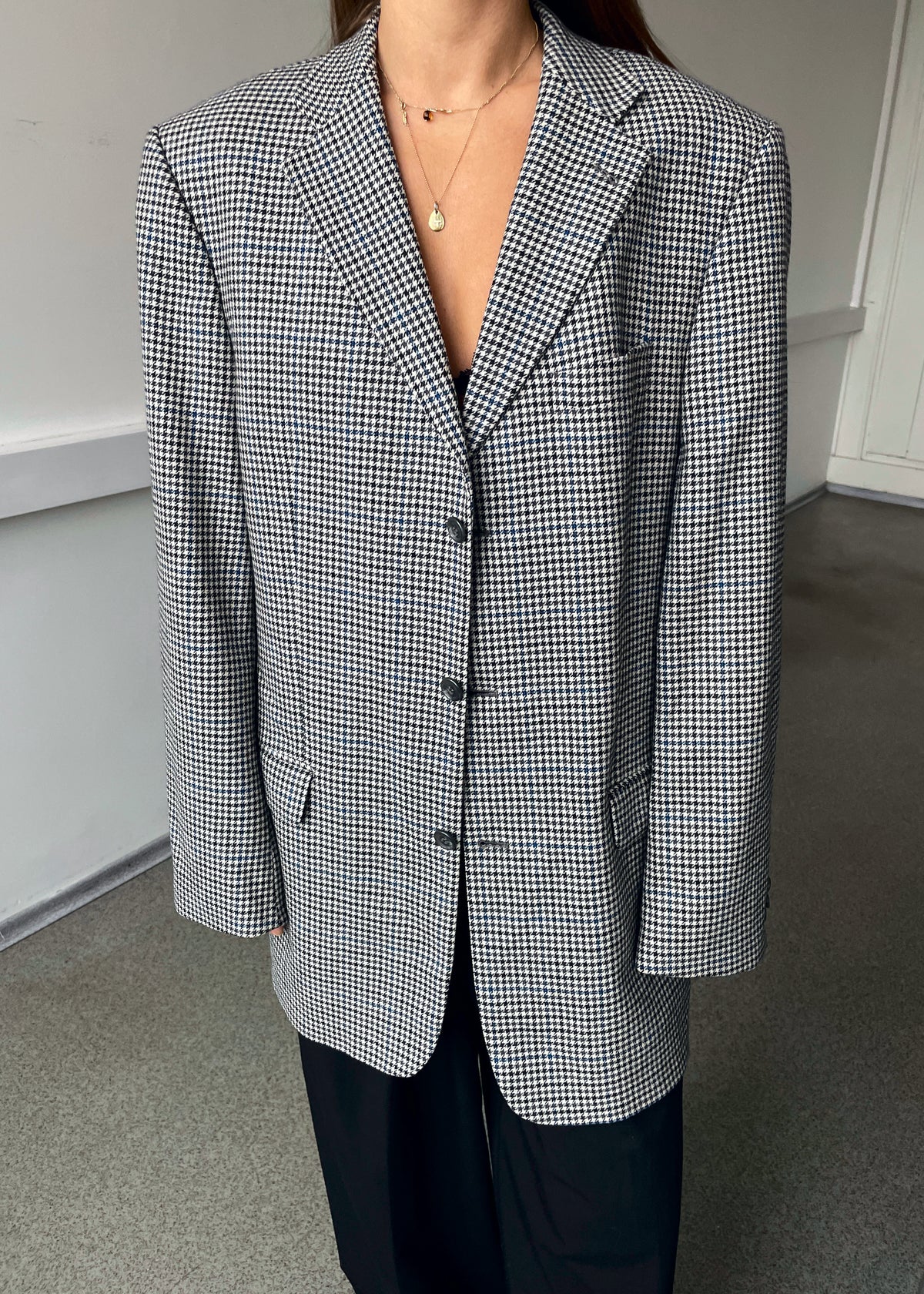 Vintage Grey Multicoloured Houndstooth Pure Wool Blazer