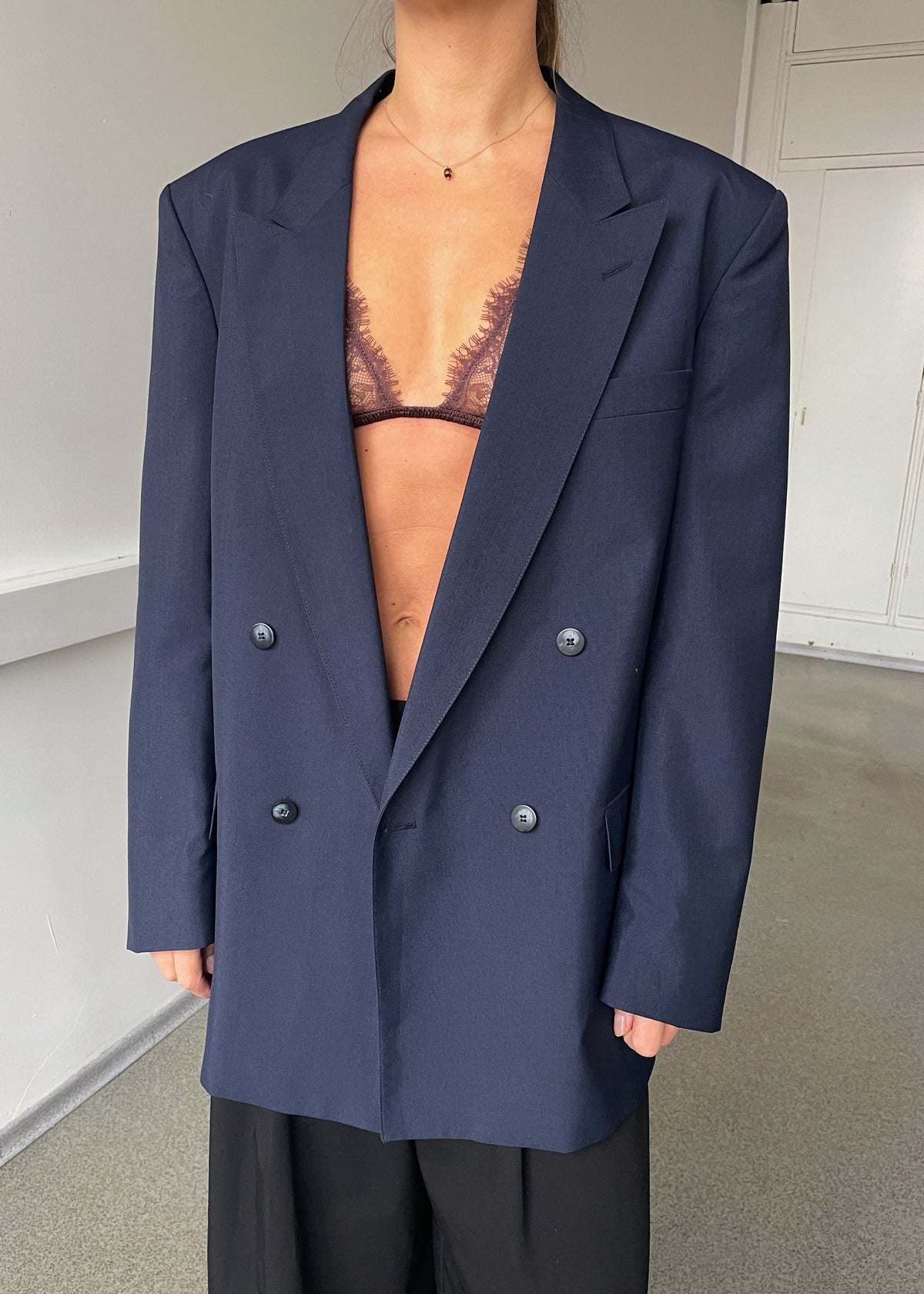 Vintage Navy Blue Double-Breasted Wool and Linen Blend Blazer, view 1