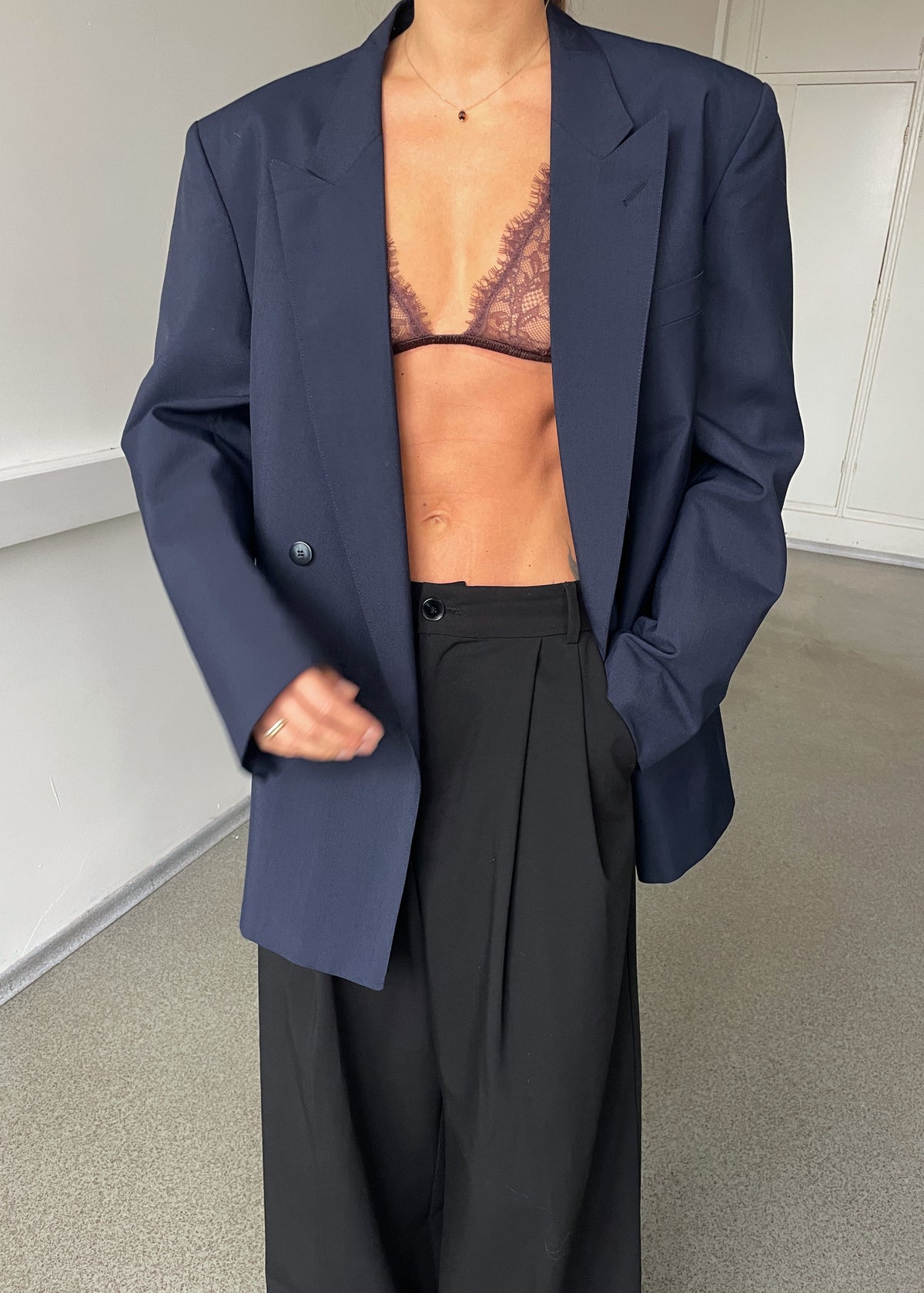 Vintage Navy Blue Double-Breasted Wool and Linen Blend Blazer, view 2