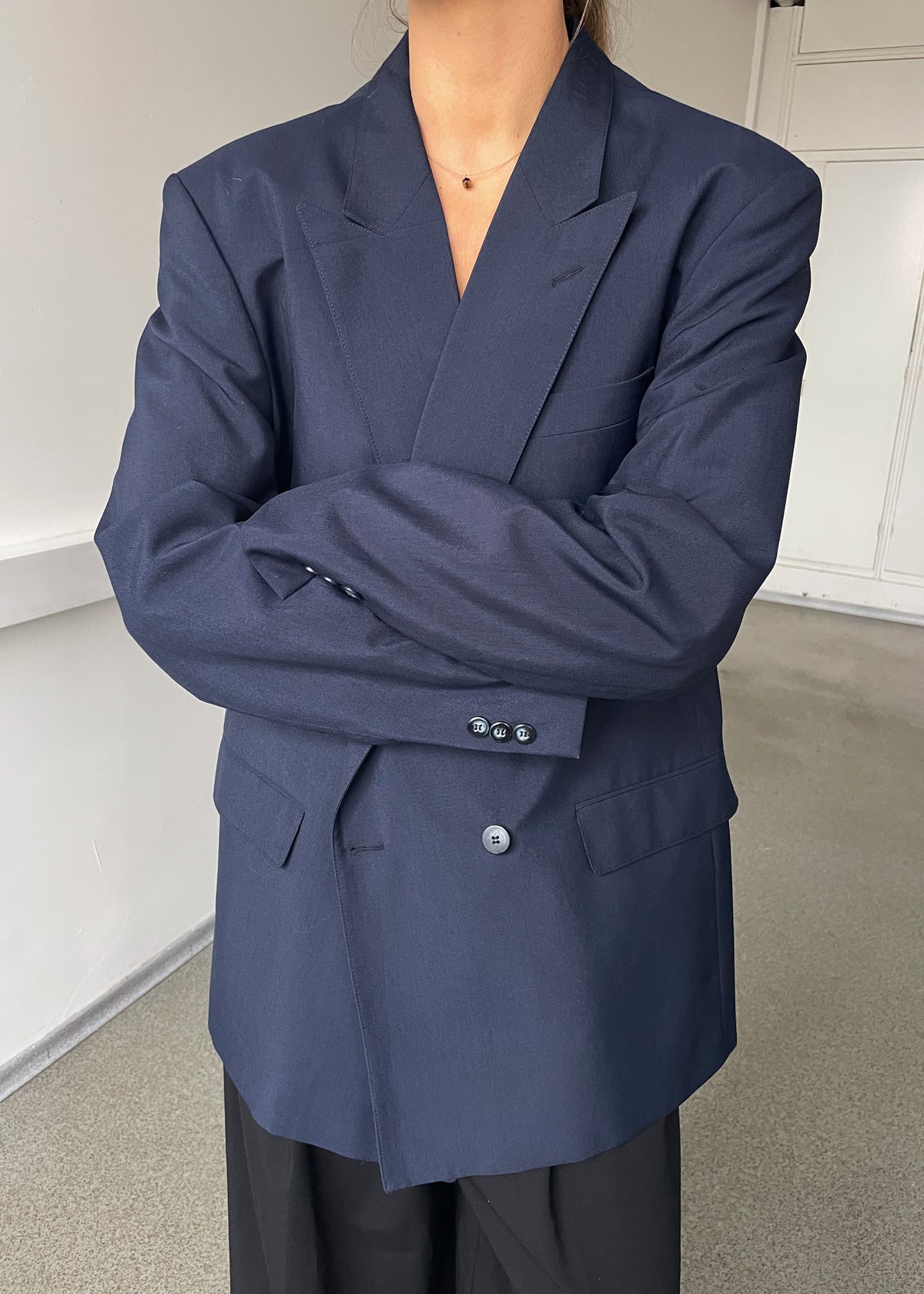Vintage Navy Blue Double-Breasted Wool and Linen Blend Blazer, view 3