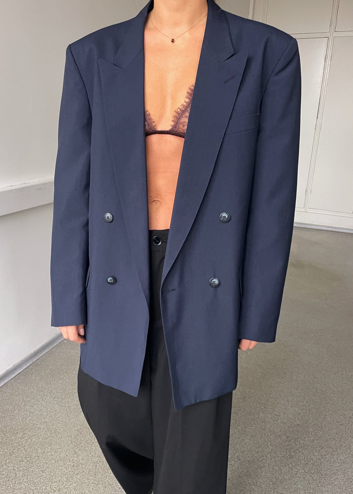 Vintage Navy Blue Double-Breasted Wool and Linen Blend Blazer, view 4