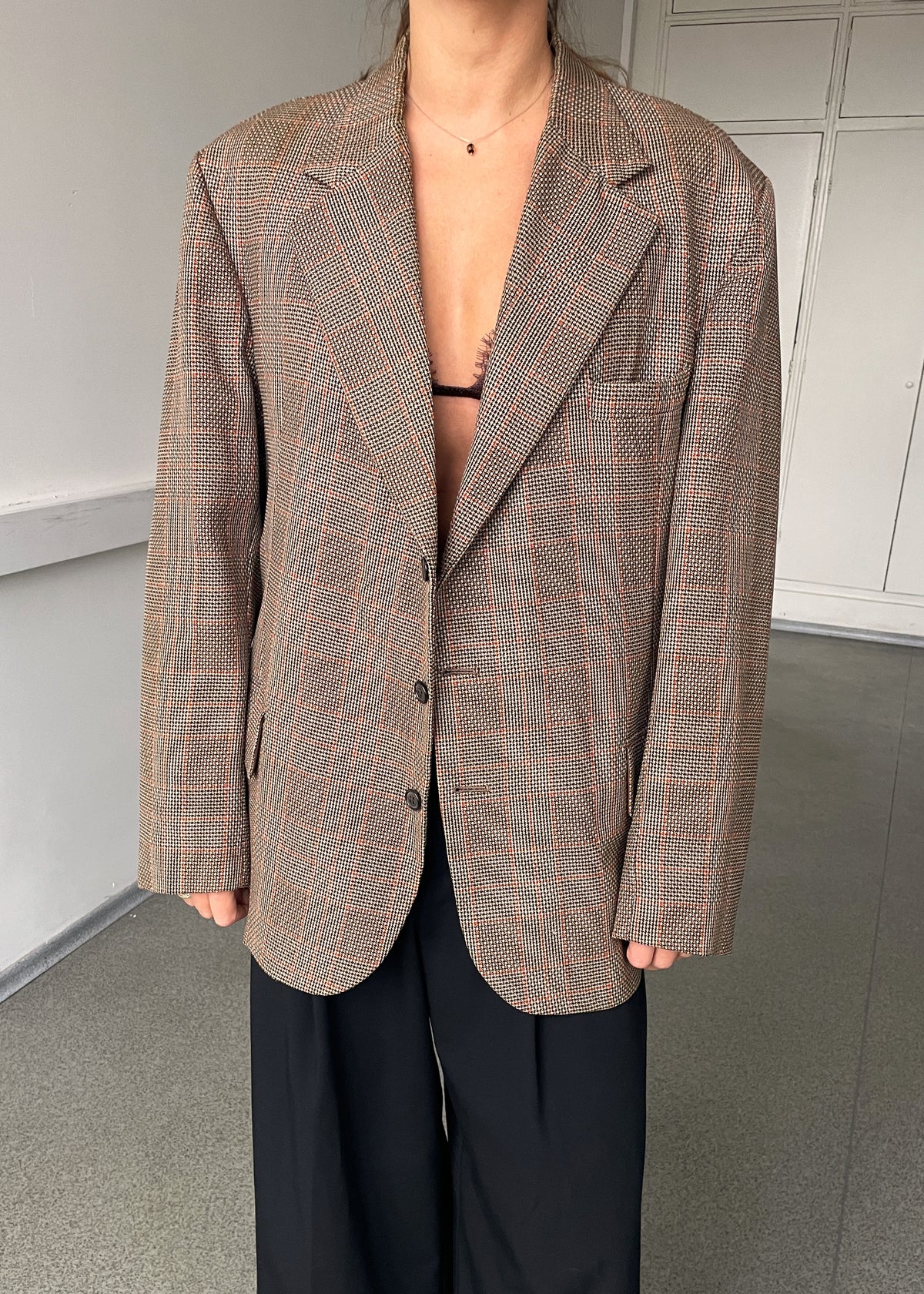 Vintage Brown Orange Checked Pure New Wool Blazer – Made in England, view 1