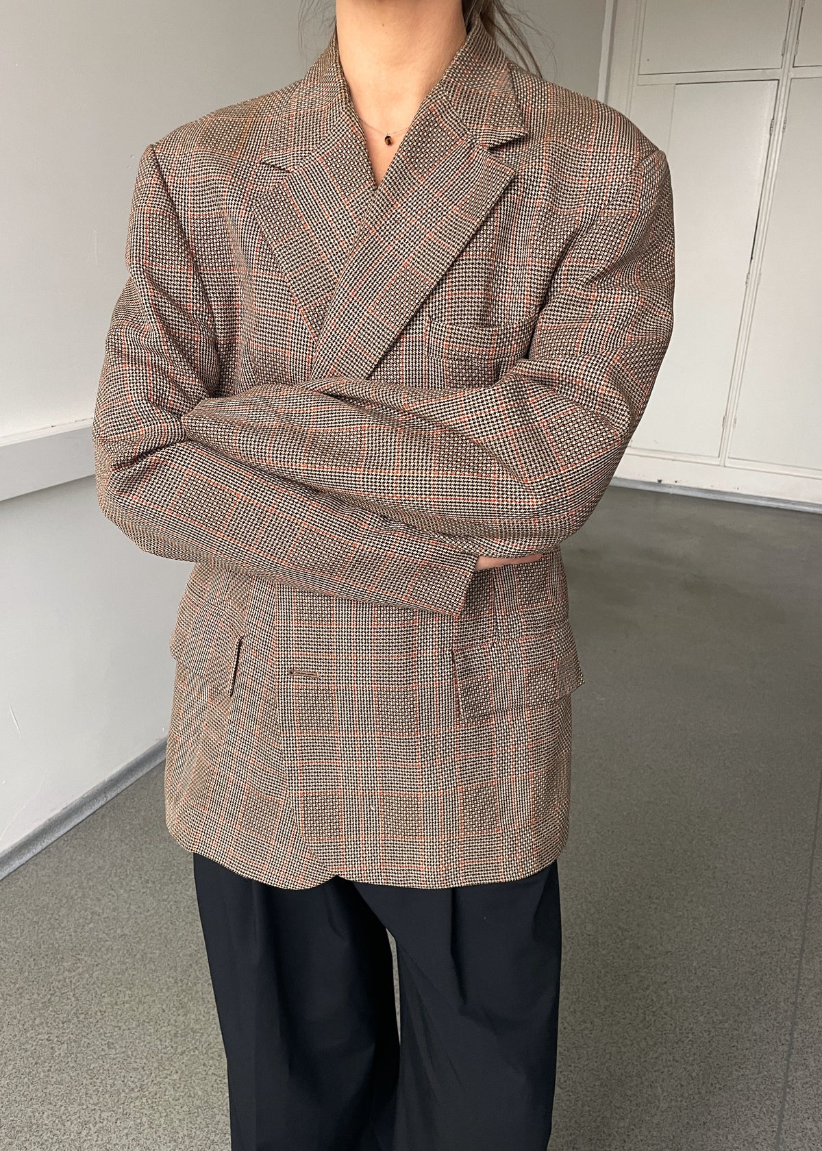 Vintage Brown Orange Checked Pure New Wool Blazer – Made in England, view 5