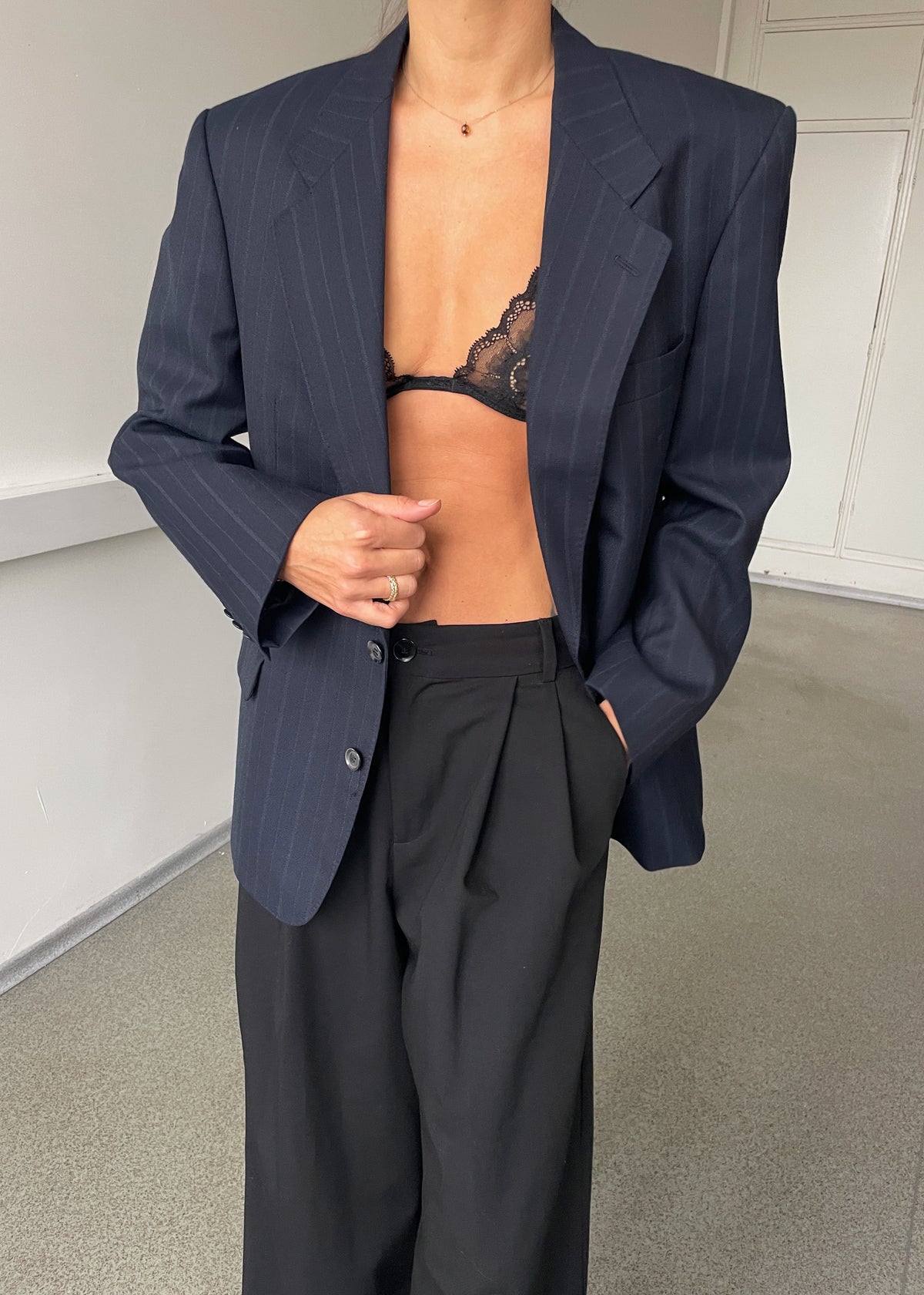 Vintage Navy Blue Striped Wool-Blend Blazer, view 3
