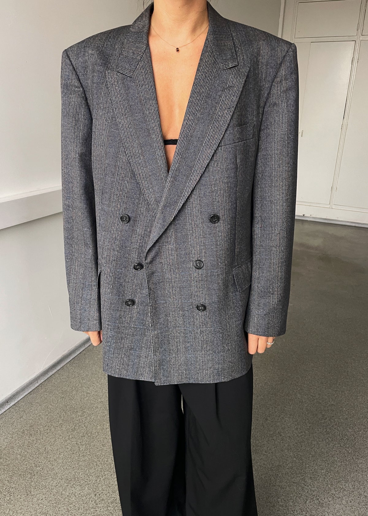 Vintage Grey Multicoloured Double-Breasted Pure Wool Blazer, view 1