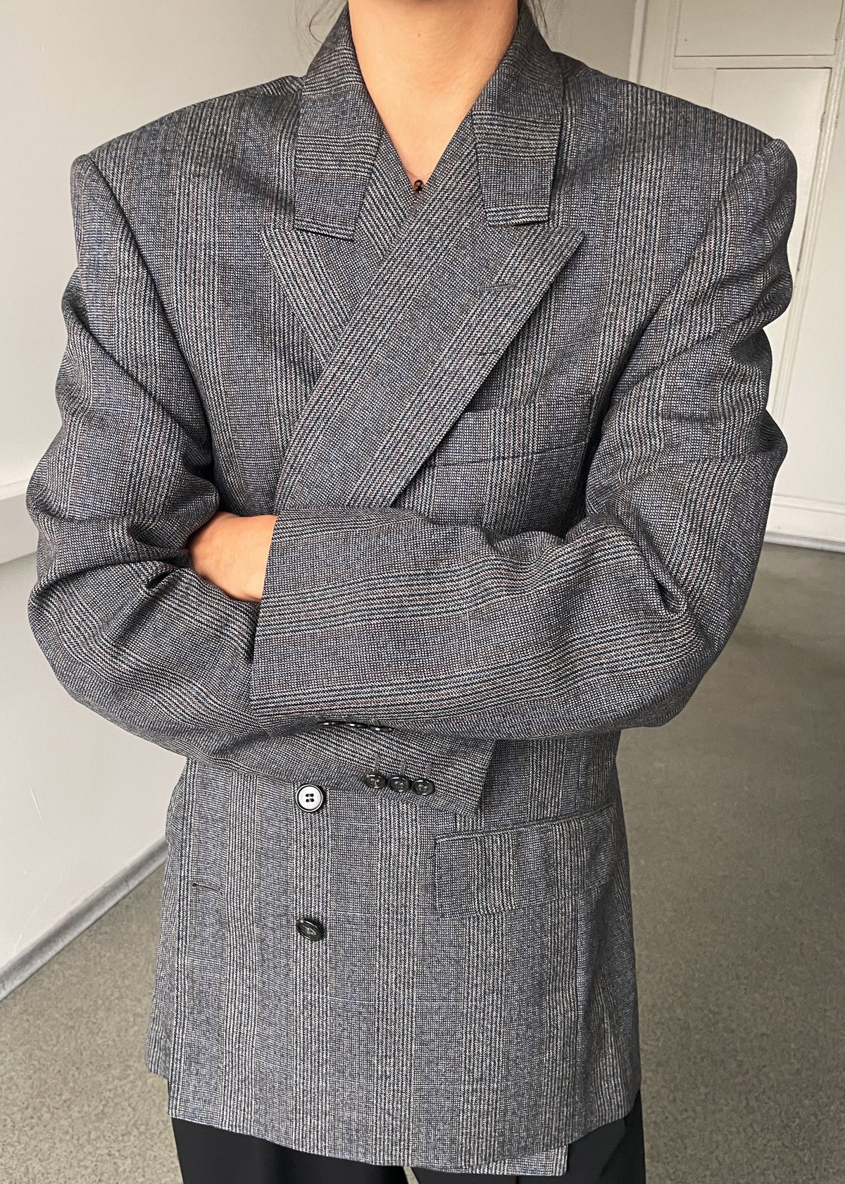 Vintage Grey Multicoloured Double-Breasted Pure Wool Blazer, view 5