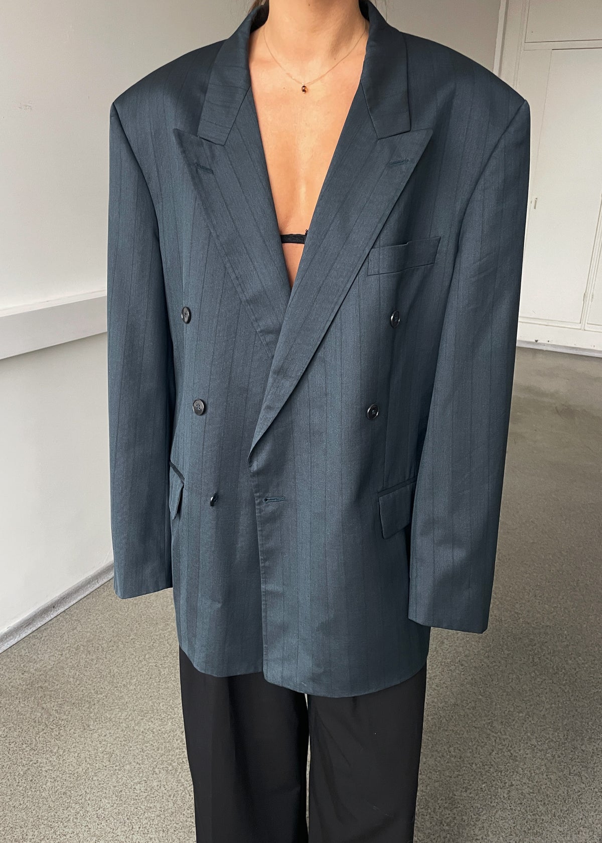 Vintage Bottle Green Lightweight Double-Breasted Wool Blazer, view 1