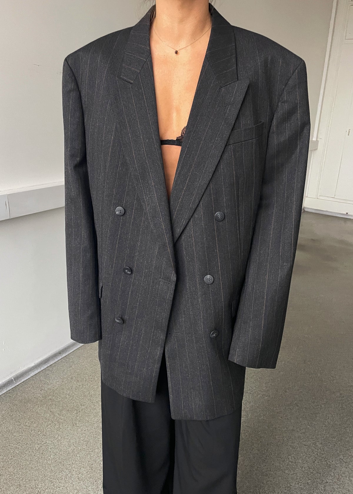 Vintage Grey and Brown Striped Double-Breasted Wool Blazer, view 1