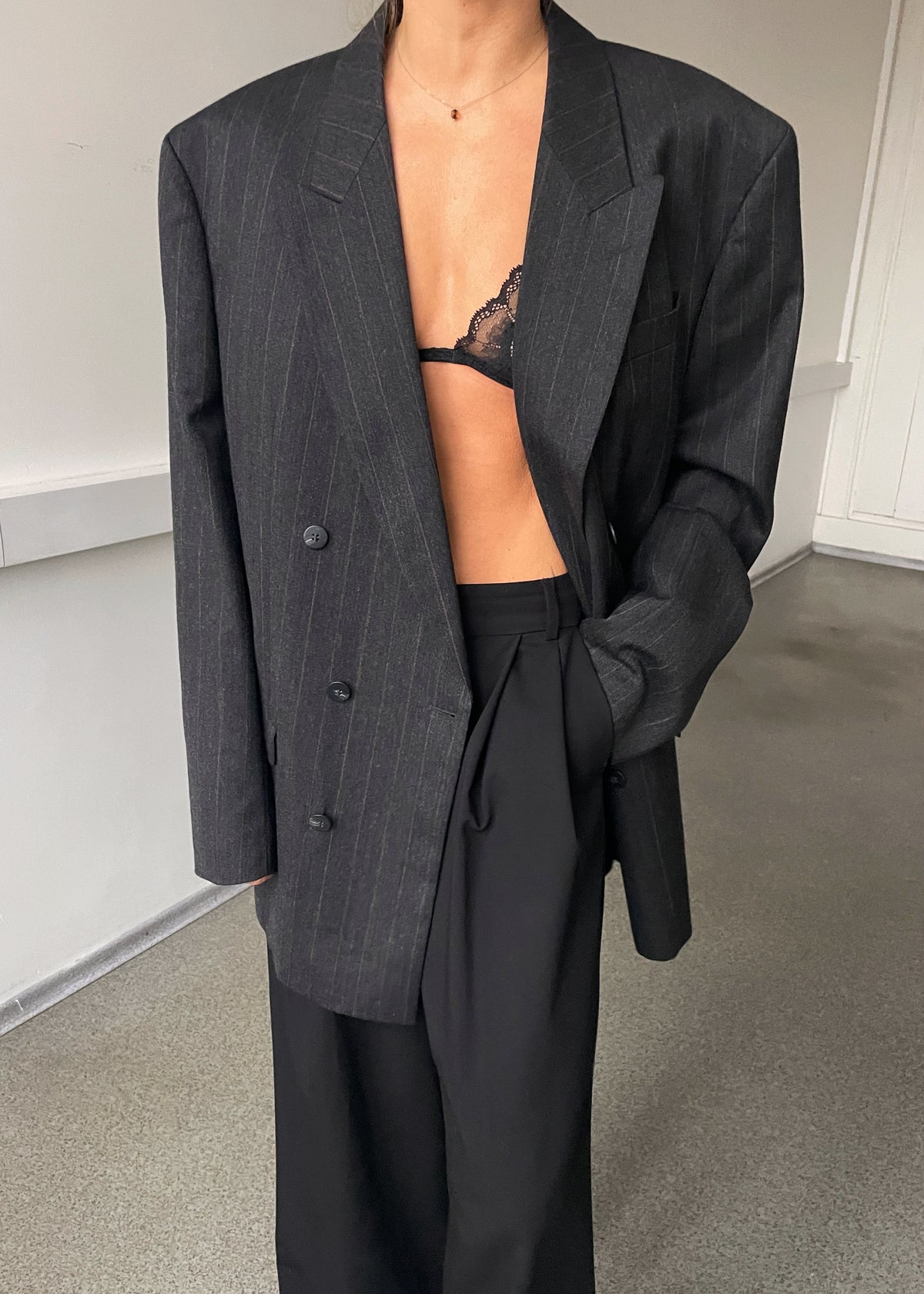 Vintage Grey and Brown Striped Double-Breasted Wool Blazer, view 2